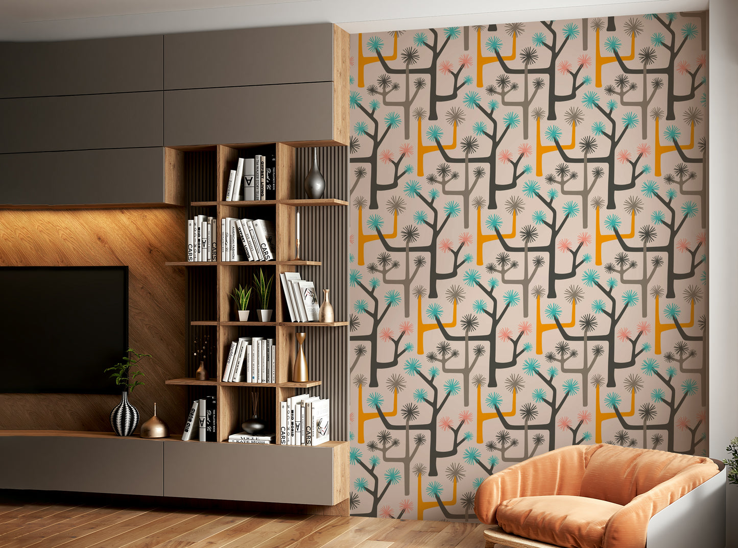 Gray, yellow, pink, and turquoise color palette.

