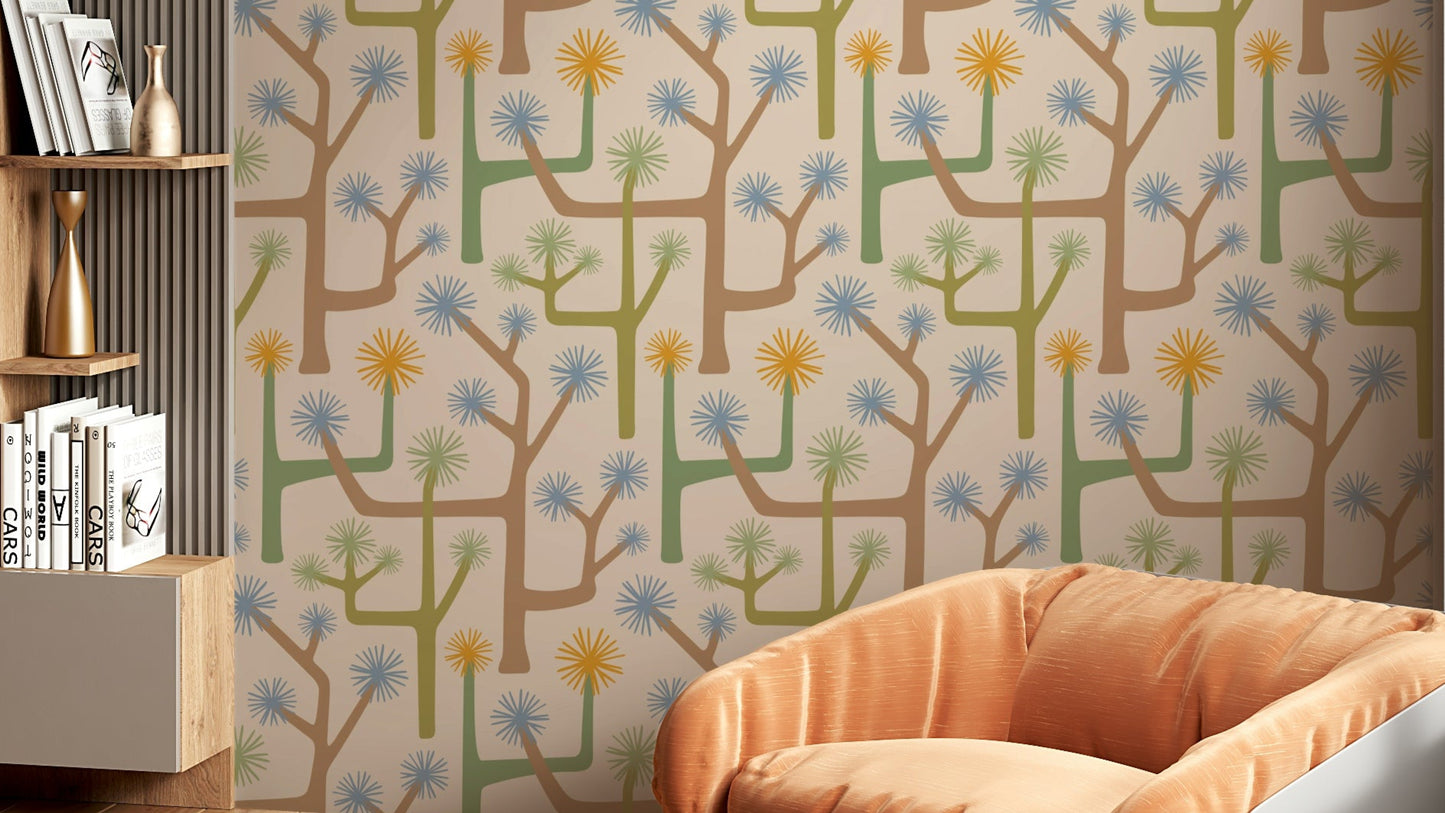 Stylized Joshua trees and desert cacti.

