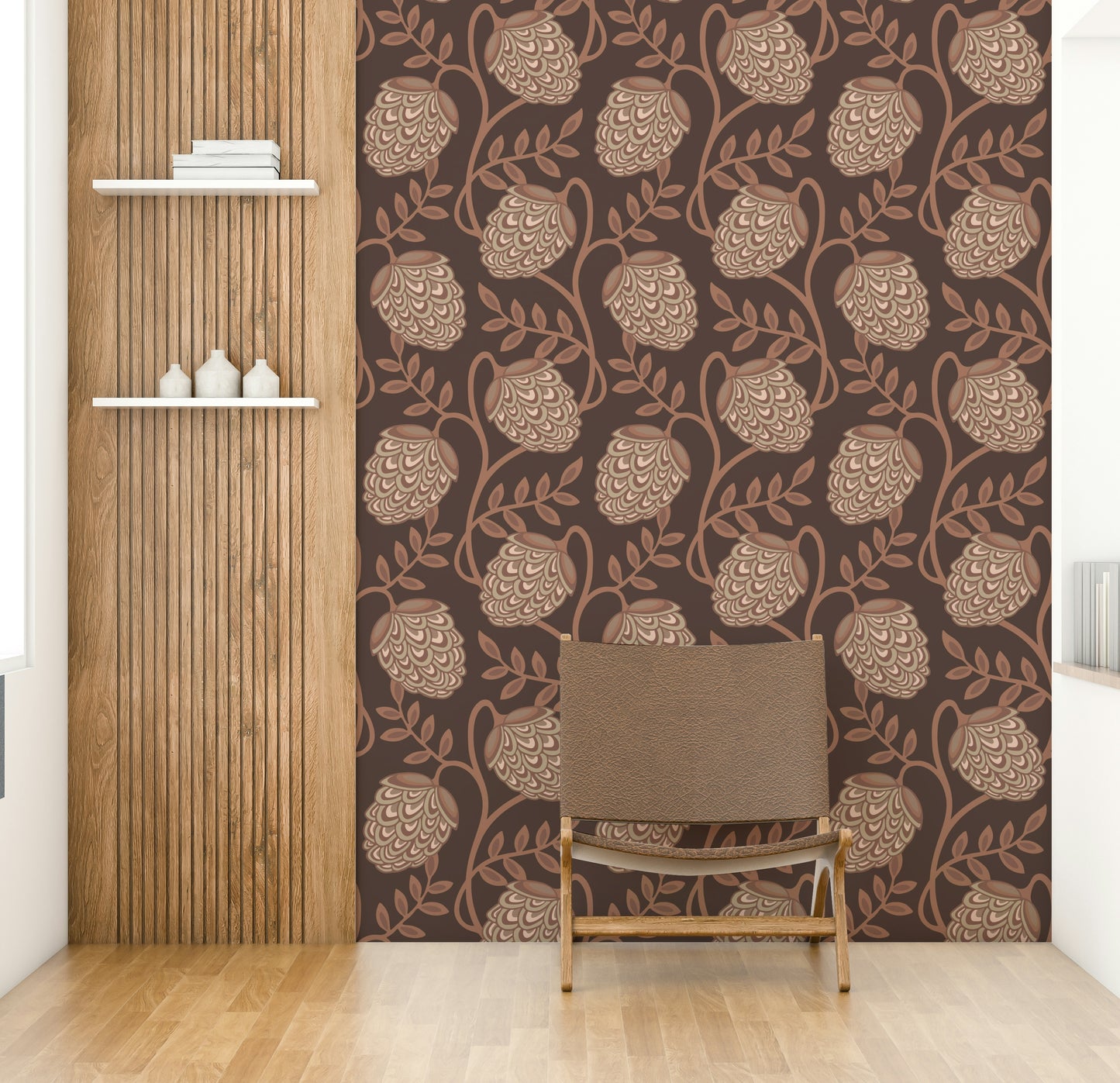 Stylized flowers and flowing lines.

