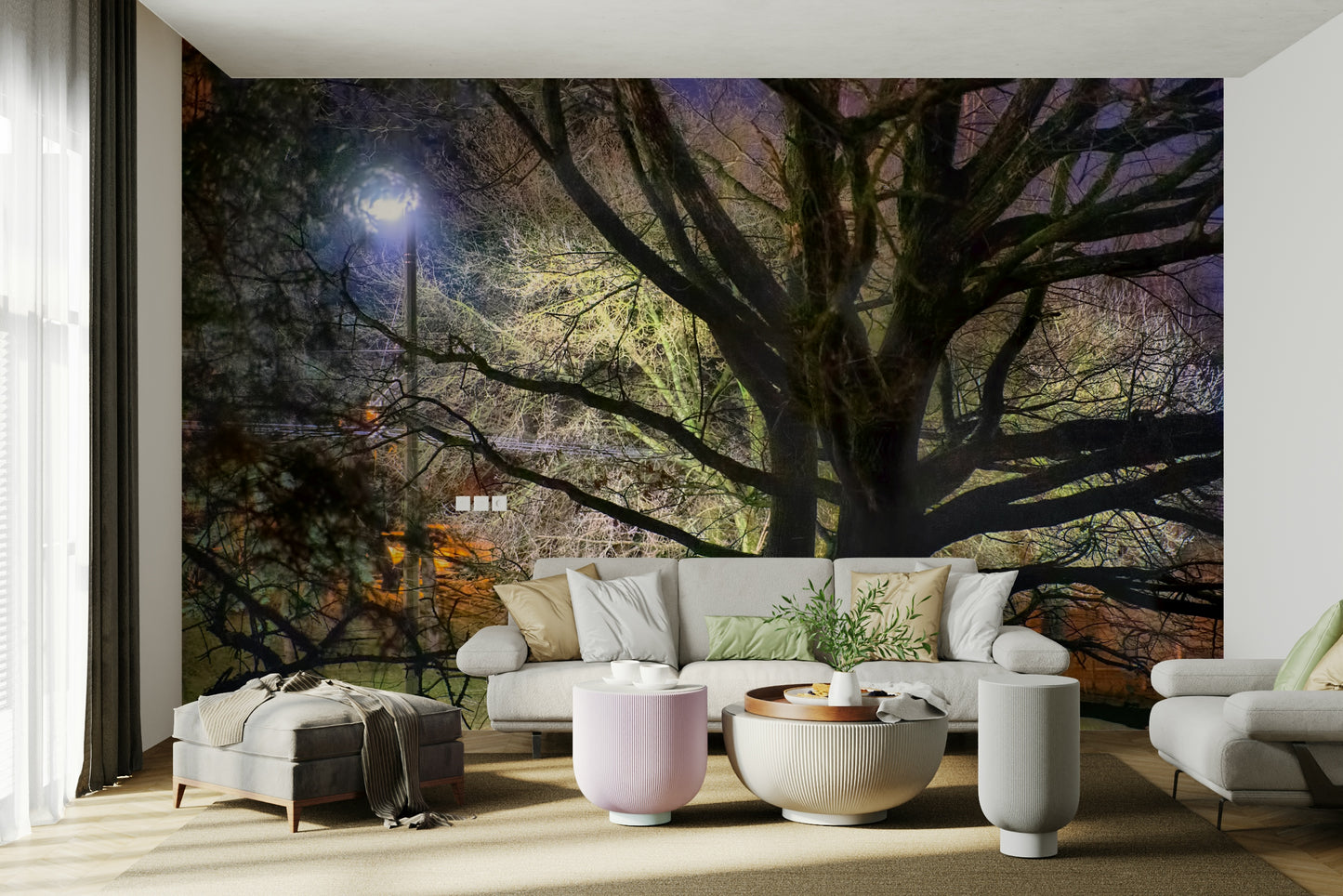 Ethereal park scene at night.

