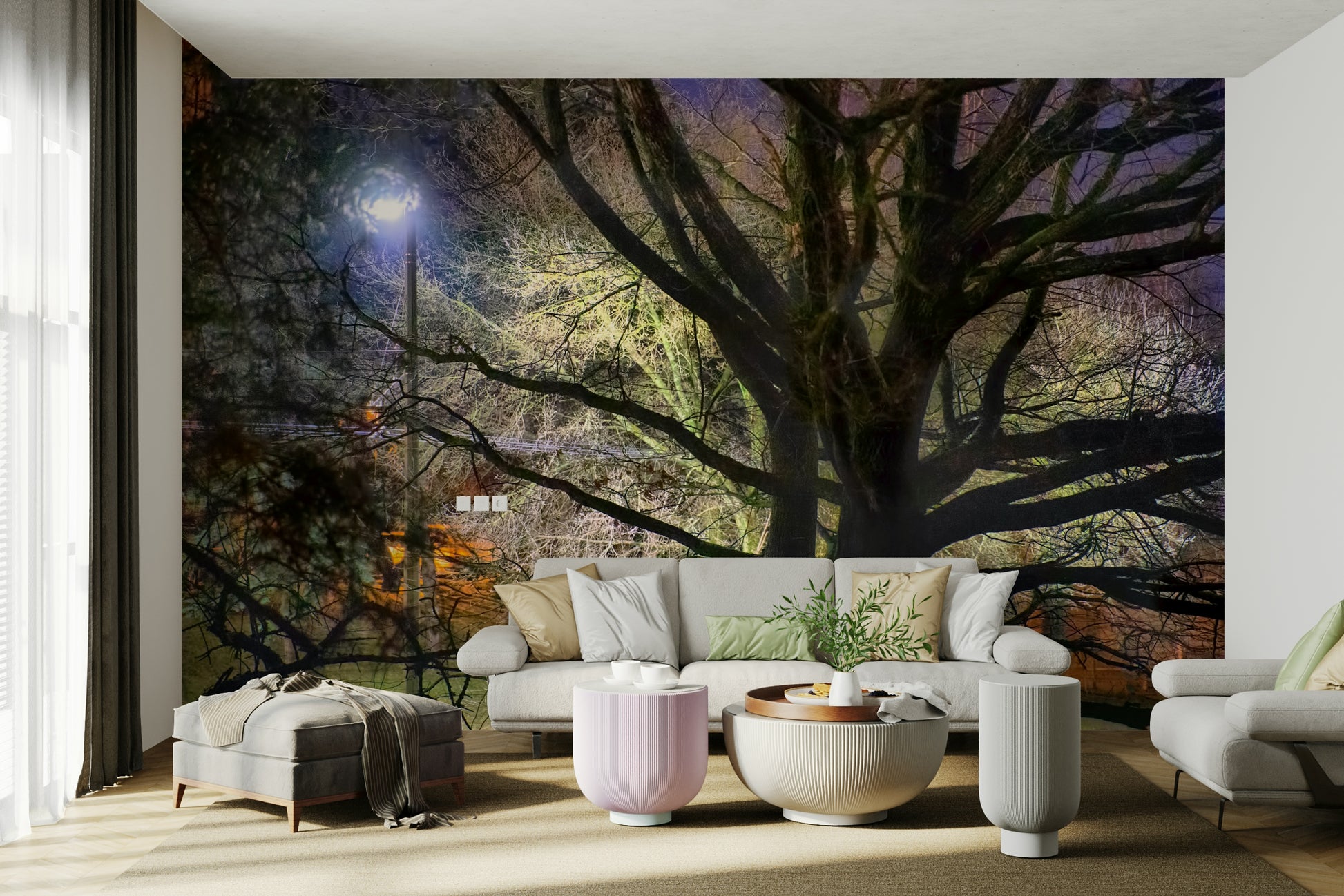 Ethereal park scene at night.

