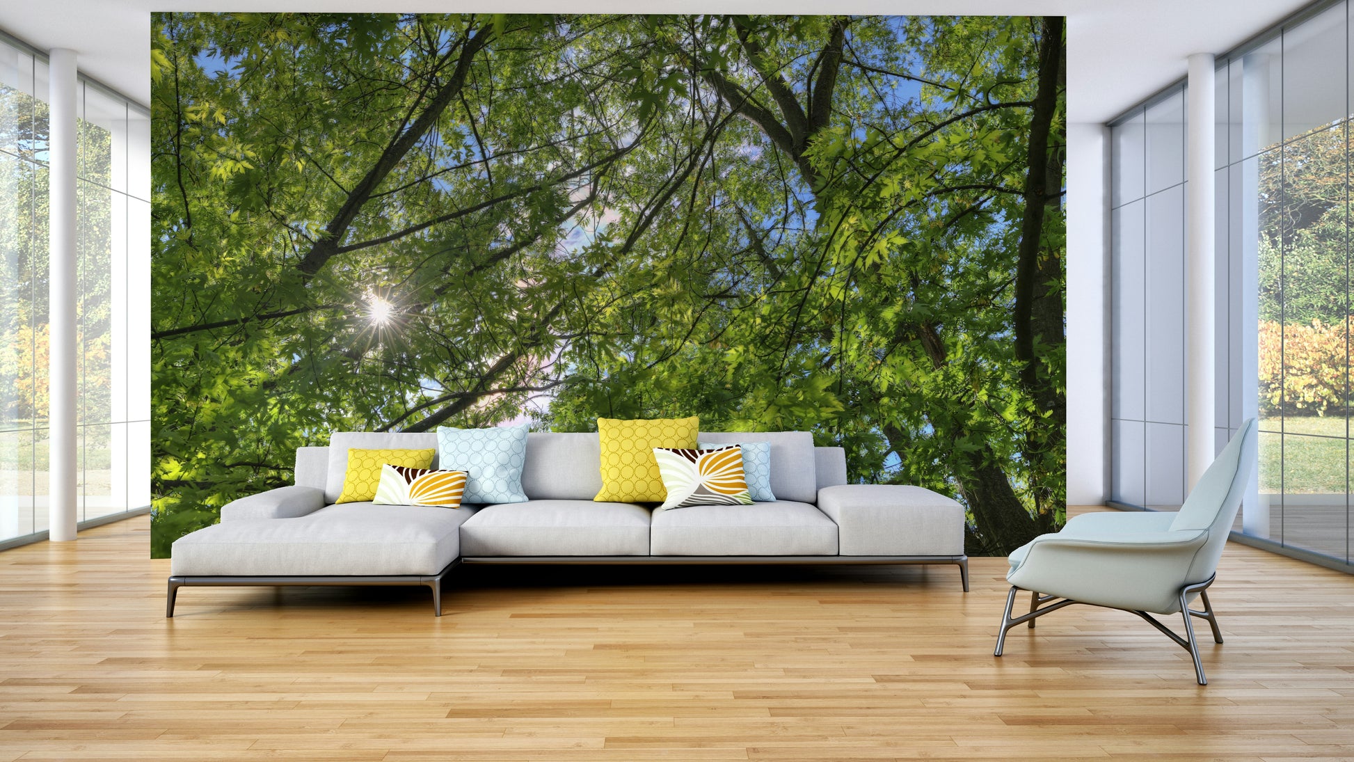 View looking up through green tree leaves.

