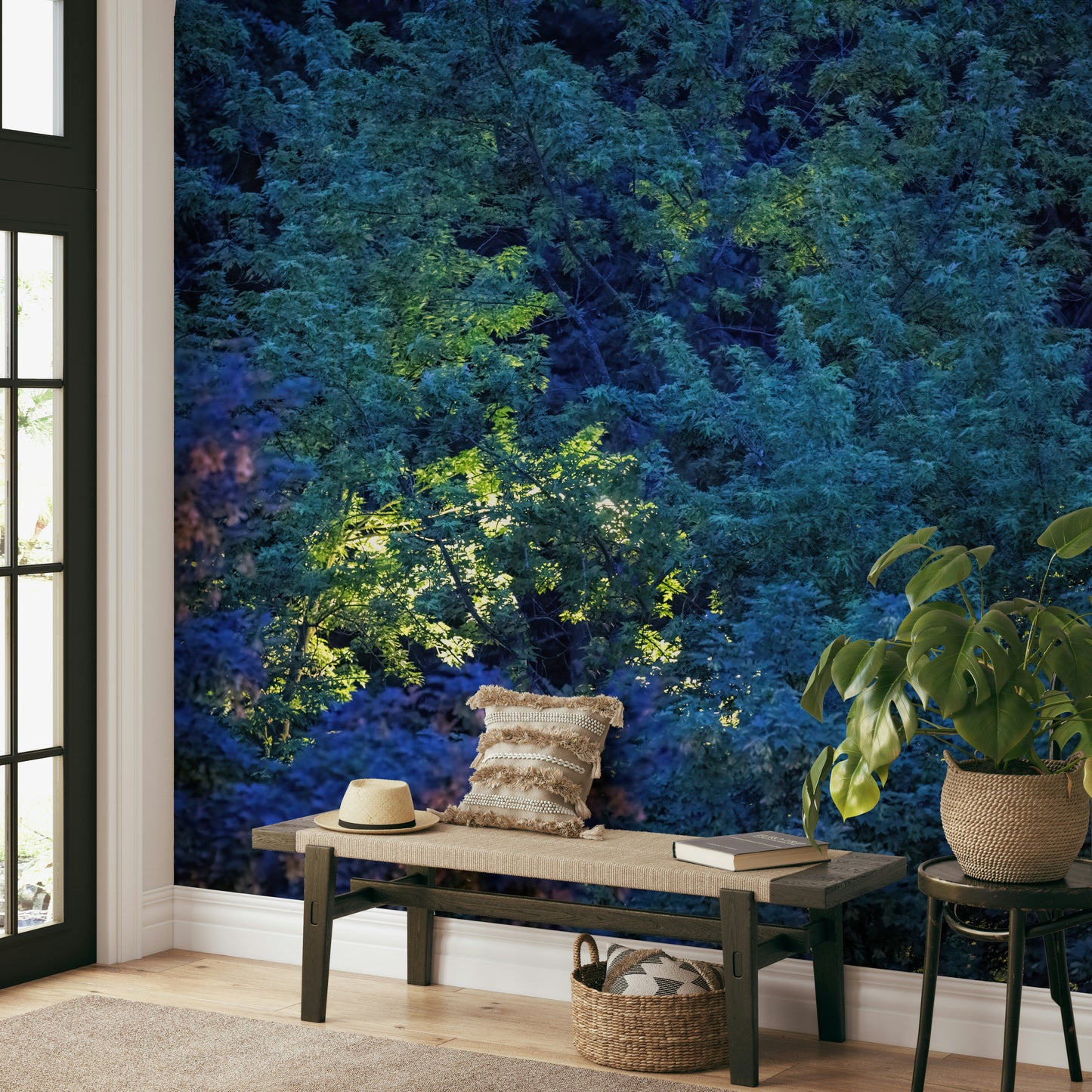 Deep blue and green forest scene.

