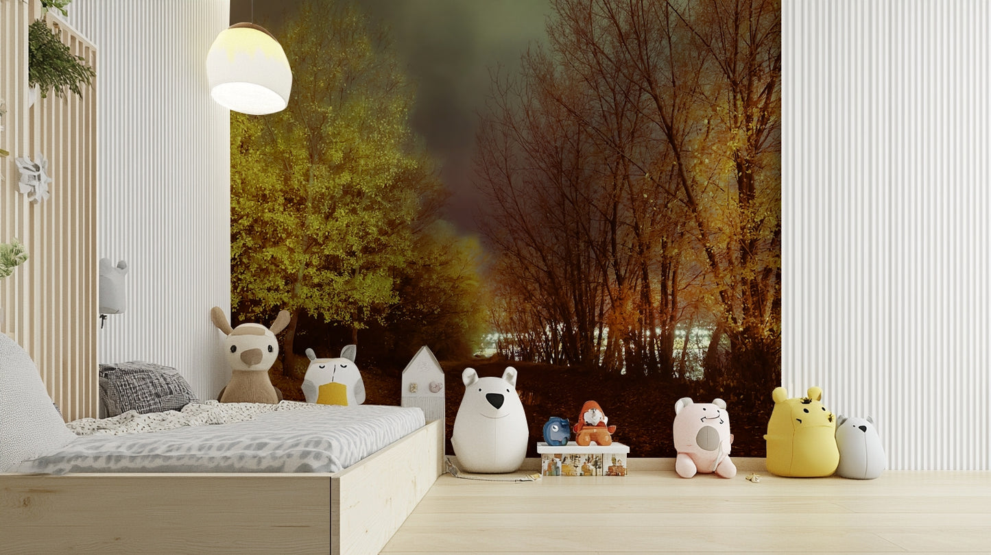 Autumn trees with golden foliage.

