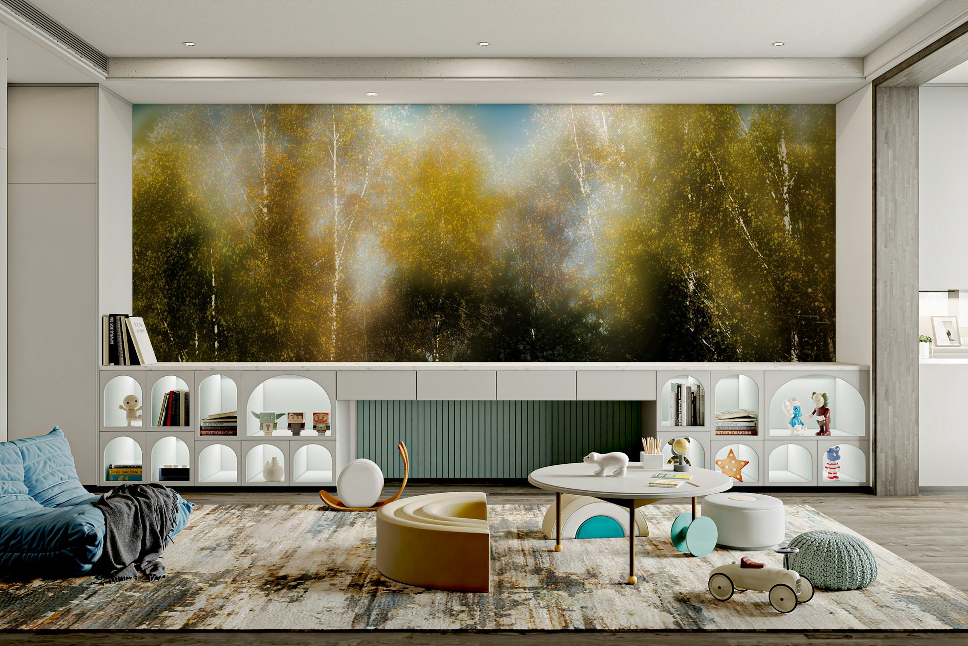 Serene trees reaching towards a cloudy sky.

