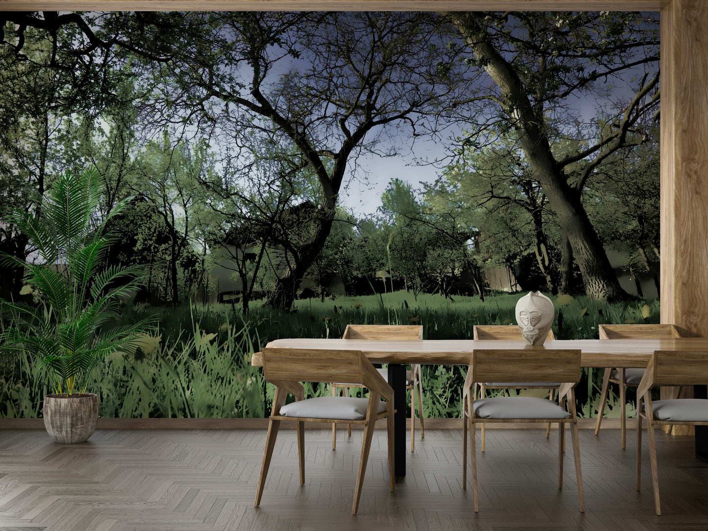 Varied shades of green and earthy tones.

