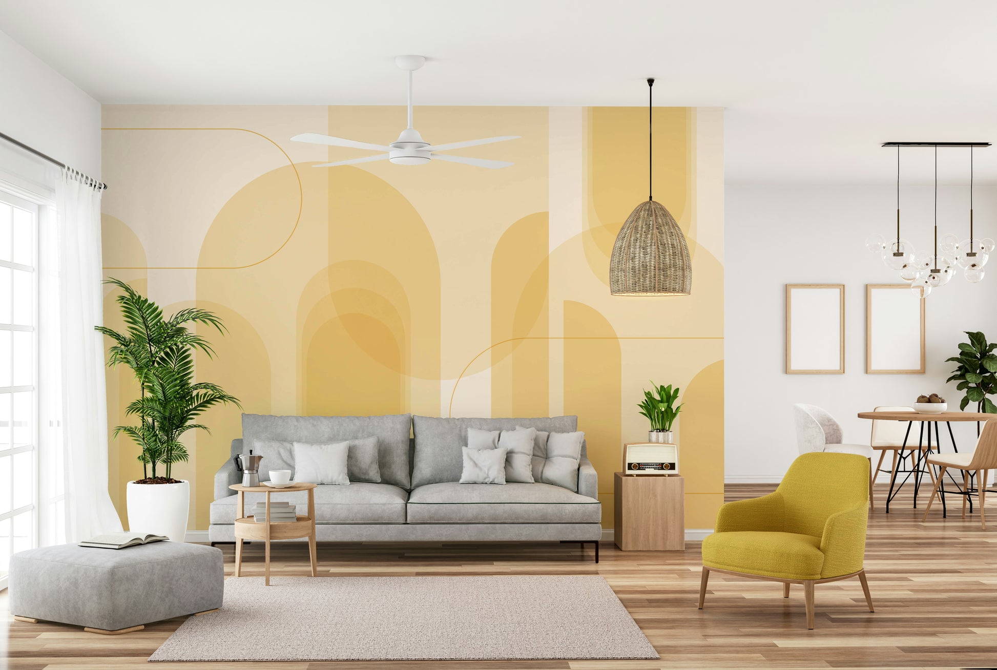 Gentle, flowing curved lines on a wall.

