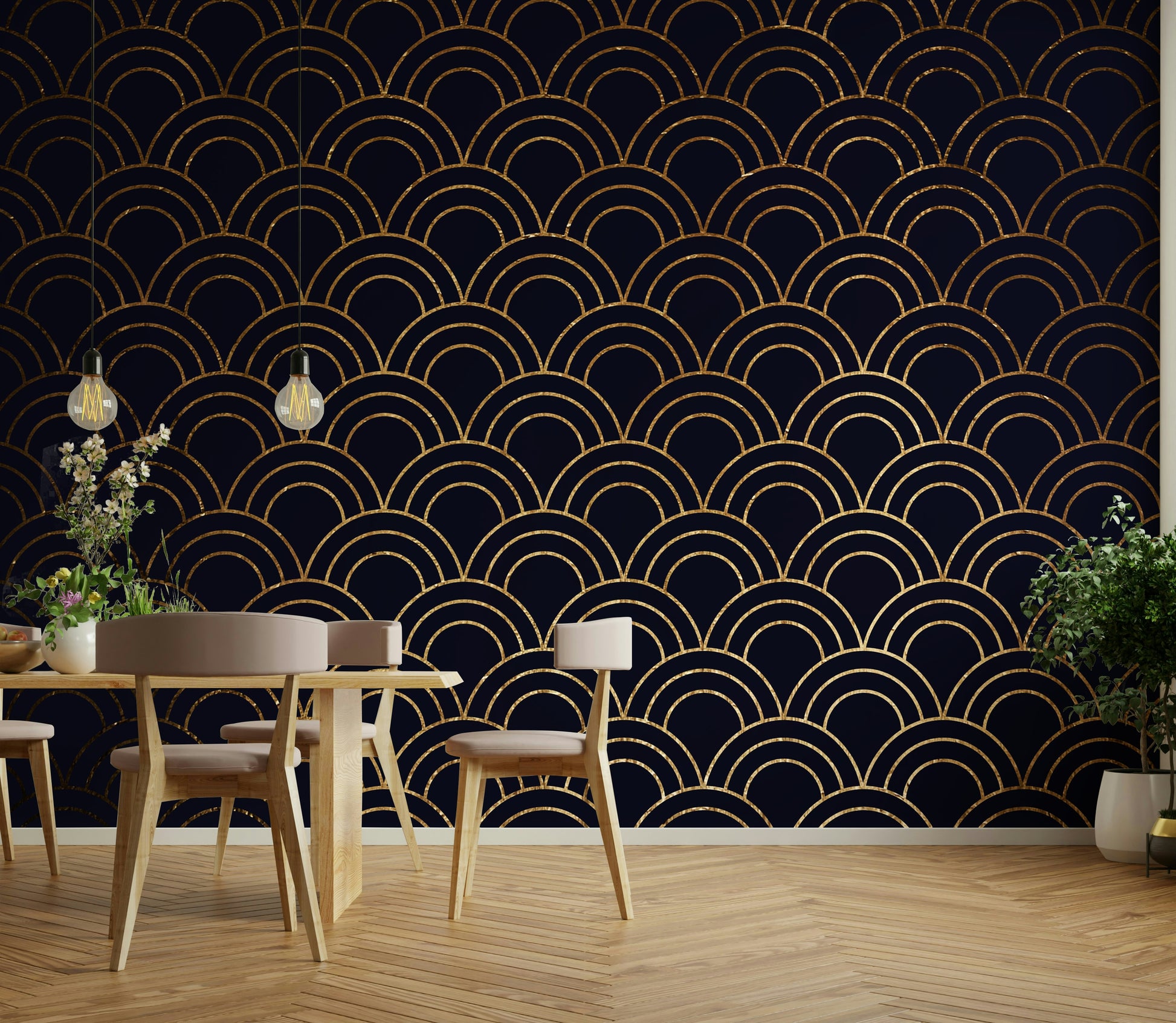 Silhouettes of marine life or coral formations.
