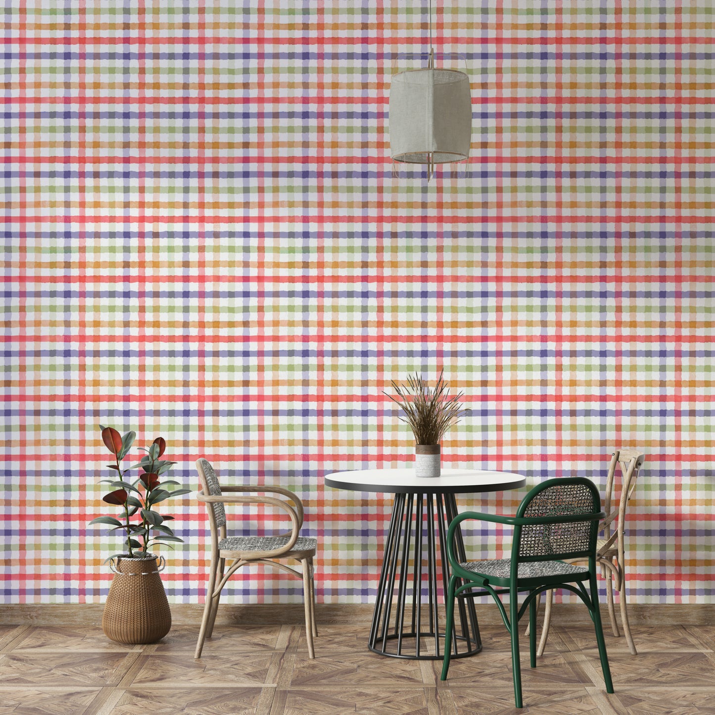 Vibrant rainbow colors in a checkered gingham pattern.

