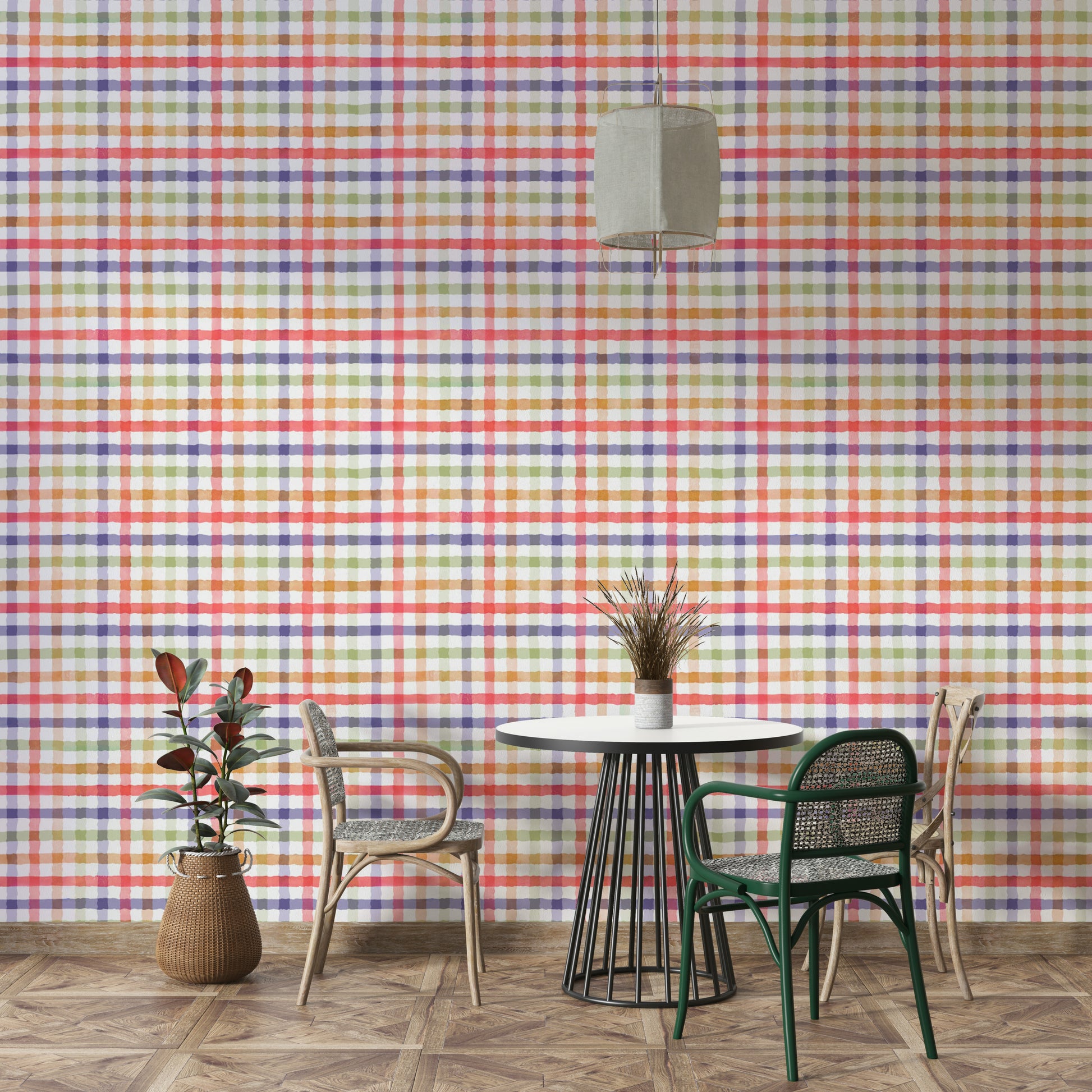 Vibrant rainbow colors in a checkered gingham pattern.

