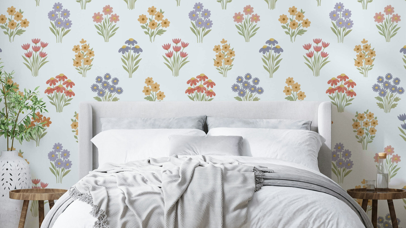 Delicate Hand-Drawn Pastel Floral Meadow Wildflowers Wallpaper.

