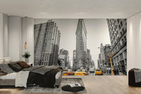 Grayscale street scene with a pop of yellow.

