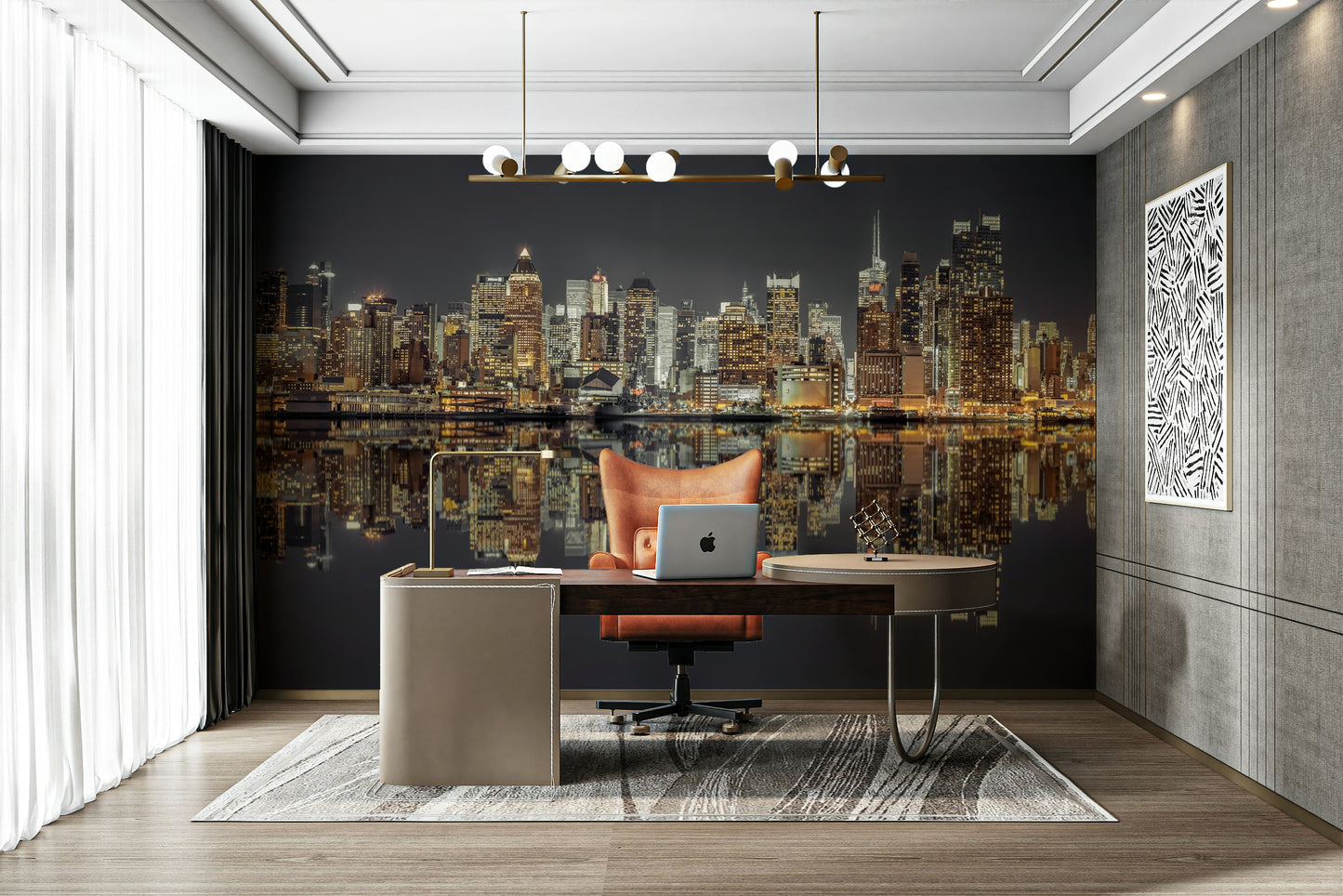 Perfect reflection of the skyline on still water.

