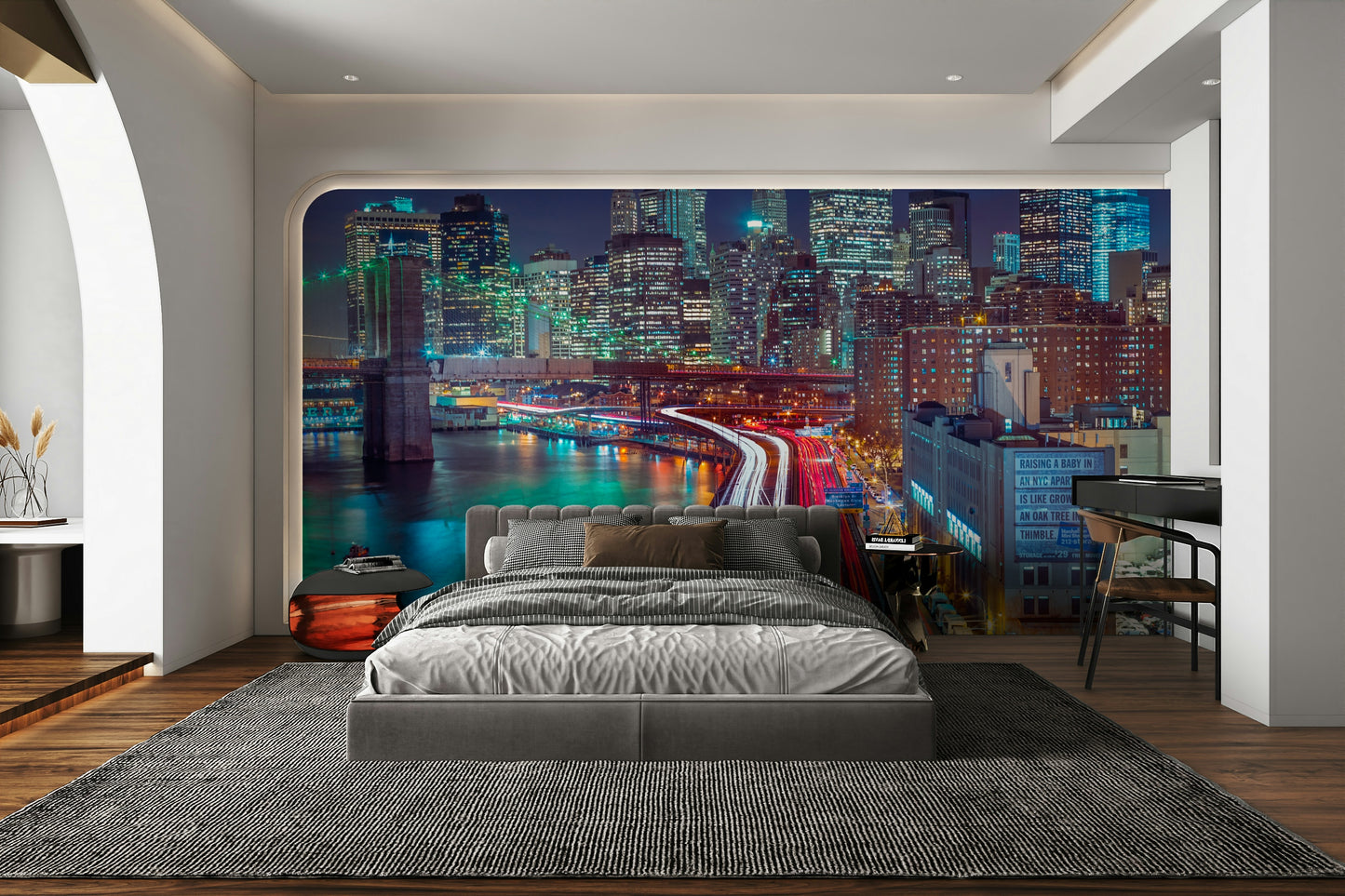 Streaks of red and white light from traffic on a bridge.

