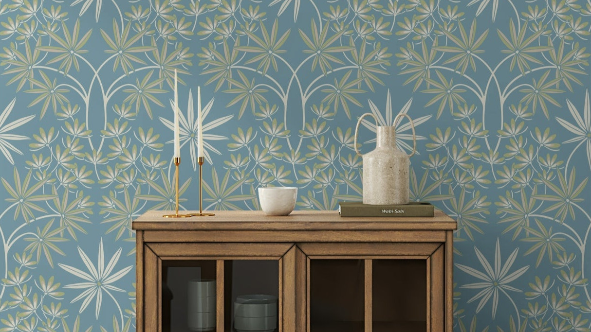 Glamour Floral Damask Cottage Sage Green Light Blue Wallpaper⁠