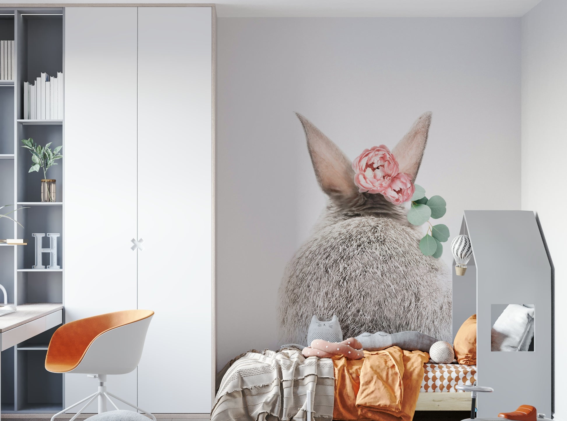 Focus on the bunny's fluffy tail and the surrounding blooms.

