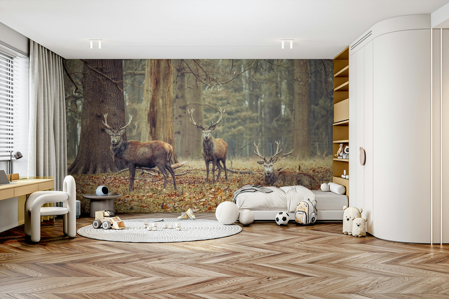 deer with antlers in a misty woods

