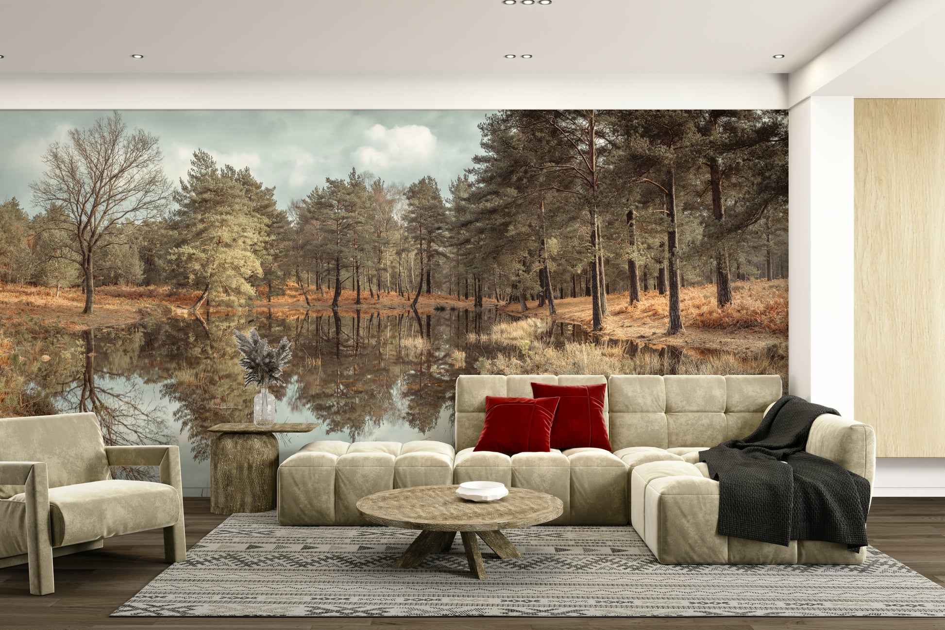 mirror-like reflection of trees and sky

