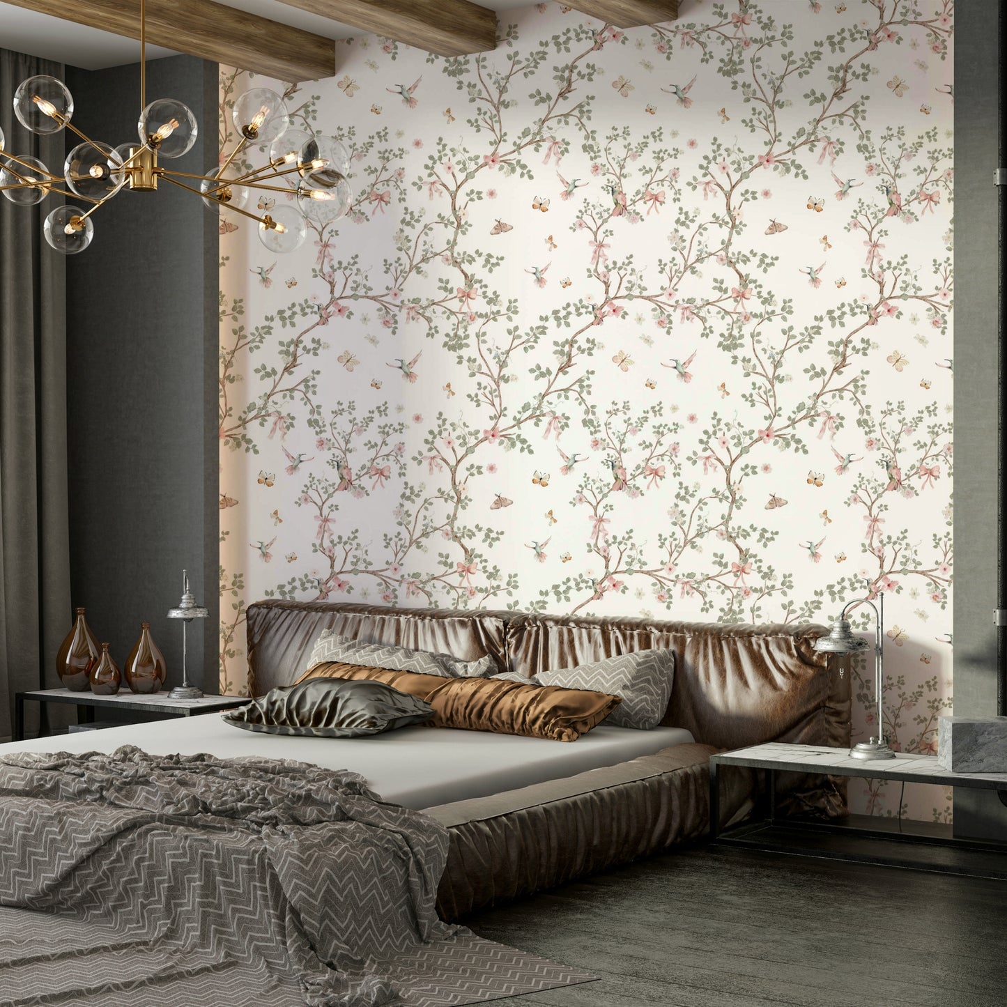 Chinoiserie Hummingbirds wallpaper for a dining room.

