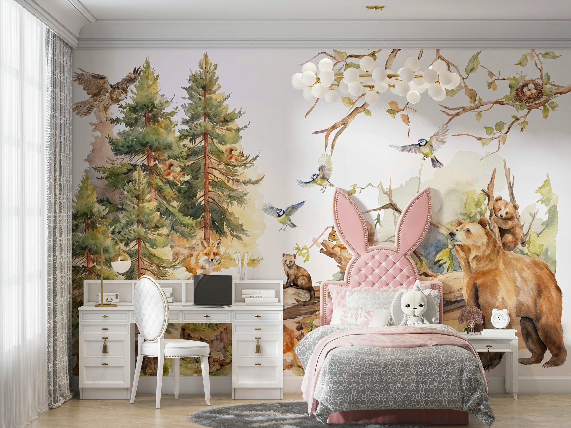 Design featuring friendly rabbits, foxes, and bears.

