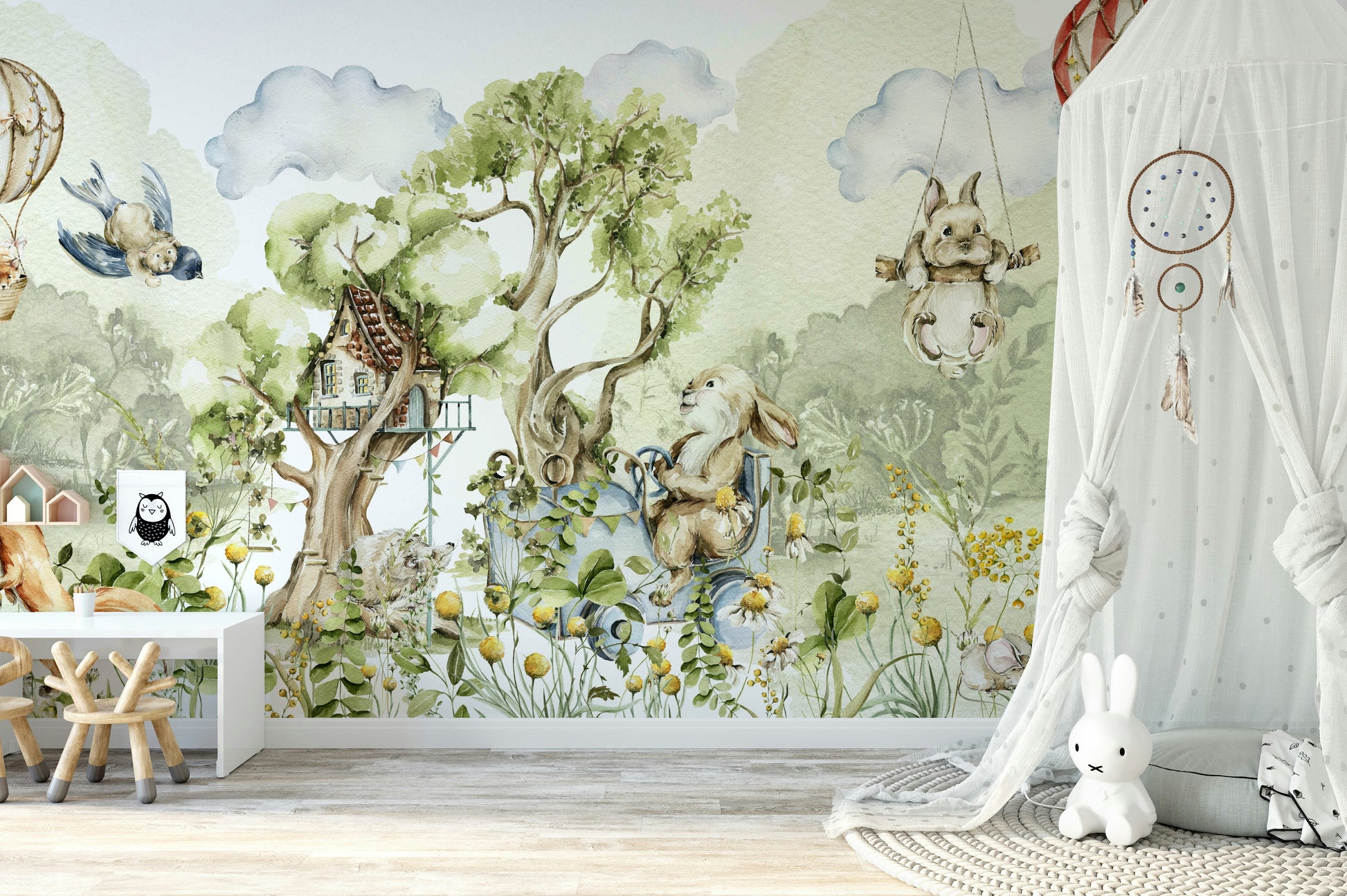 Wallpaper with a mix of soft greens, browns, and other cheerful colors.