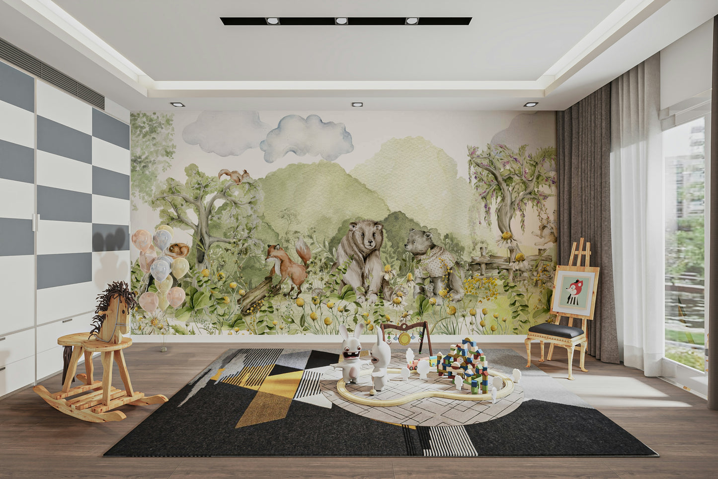 Wall mural with a storybook and cheerful feel.

