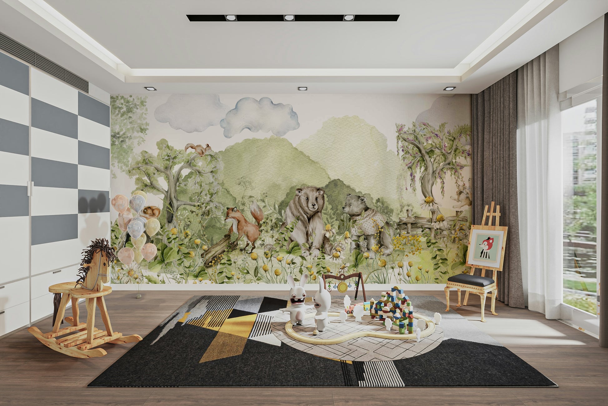 Wall mural with a storybook and cheerful feel.

