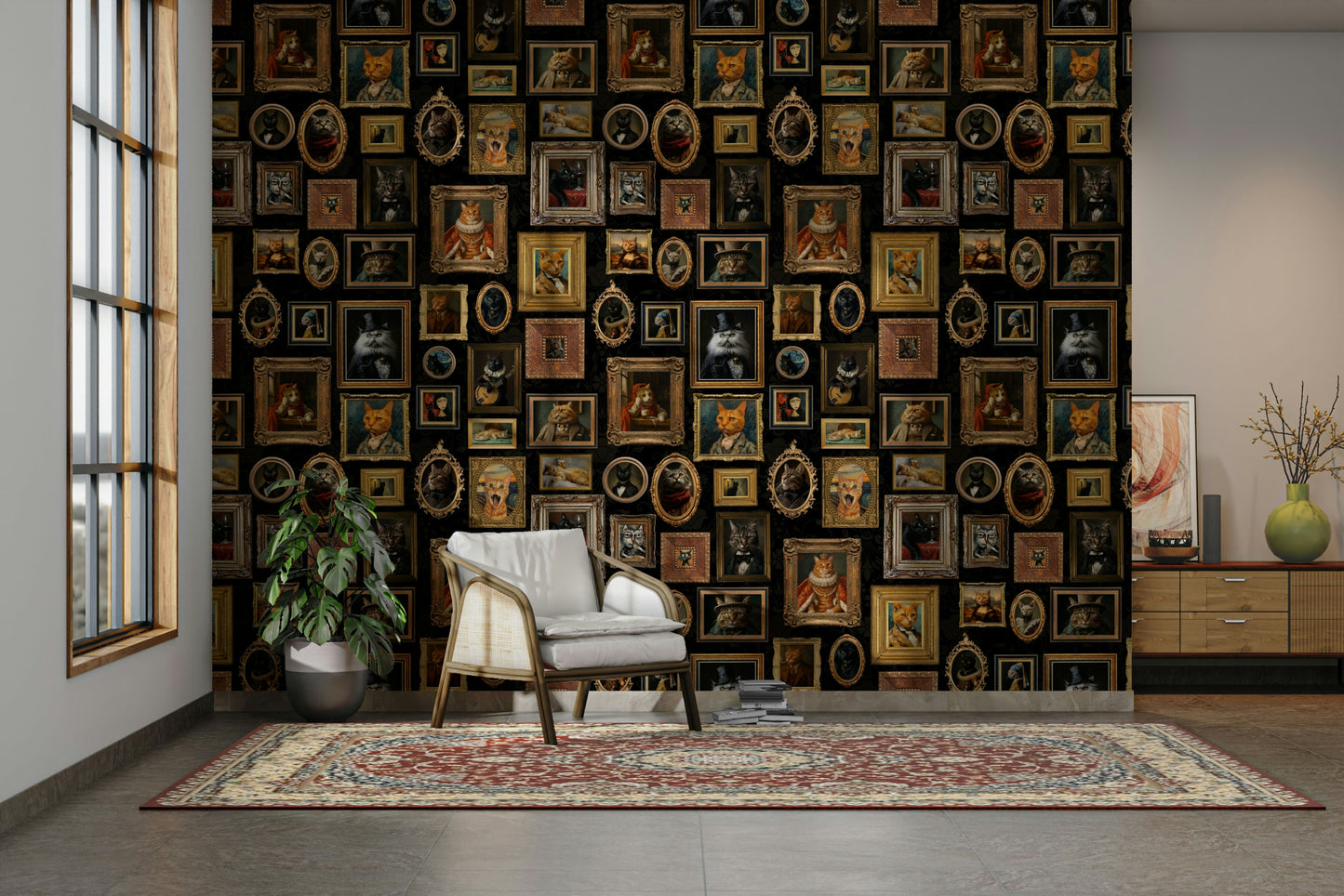 Wall mural showing a gallery of artistic feline portraits.

