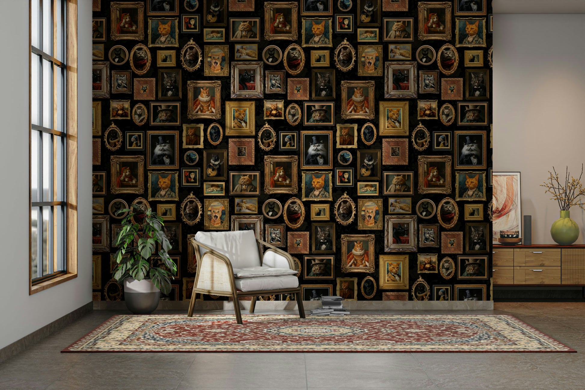 Wall mural showing a gallery of artistic feline portraits.

