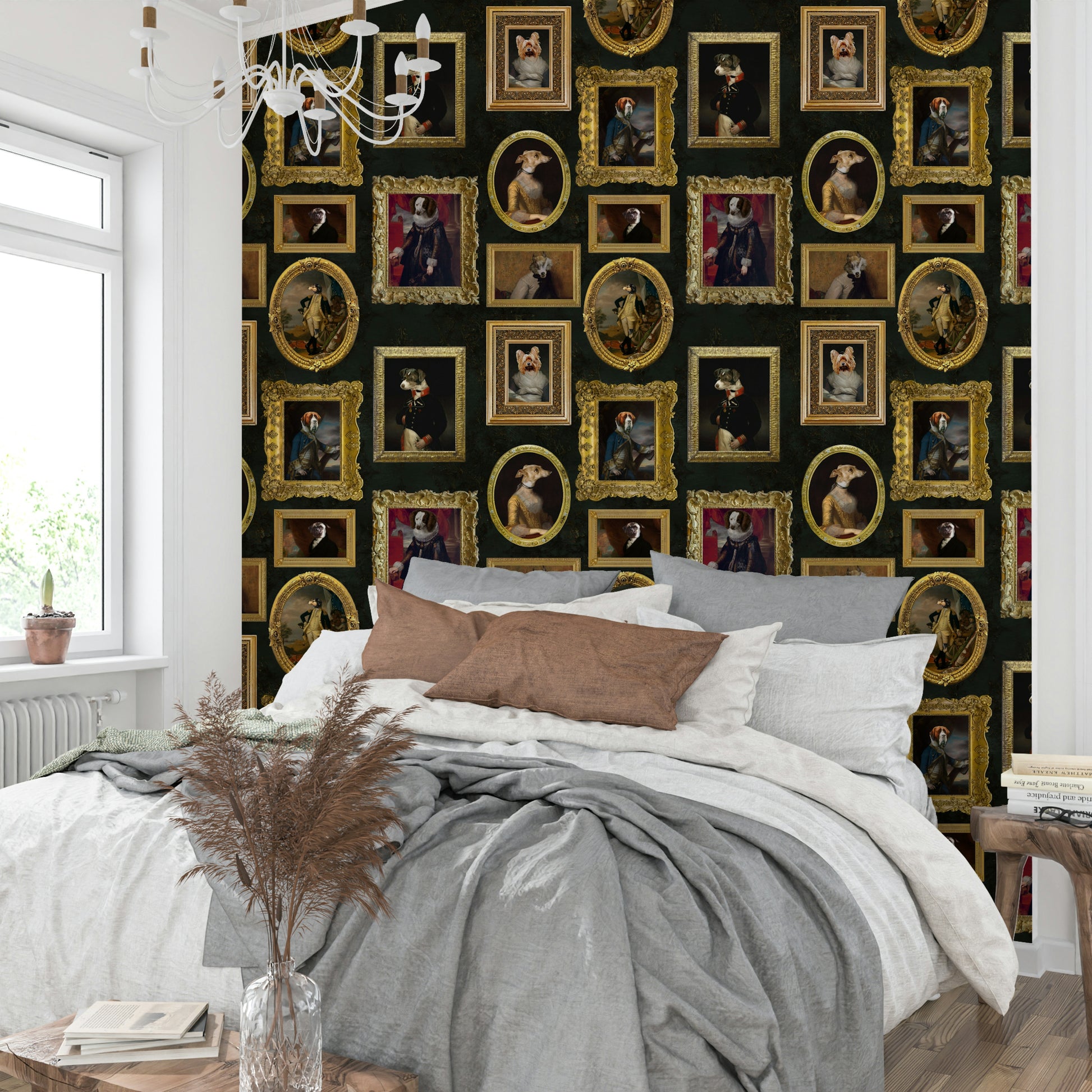 Wallpaper with a mix of neutral and accent colors.

