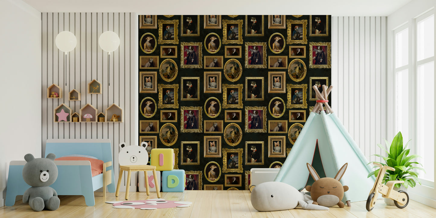 Wallpaper with a collection of framed pet portraits.

