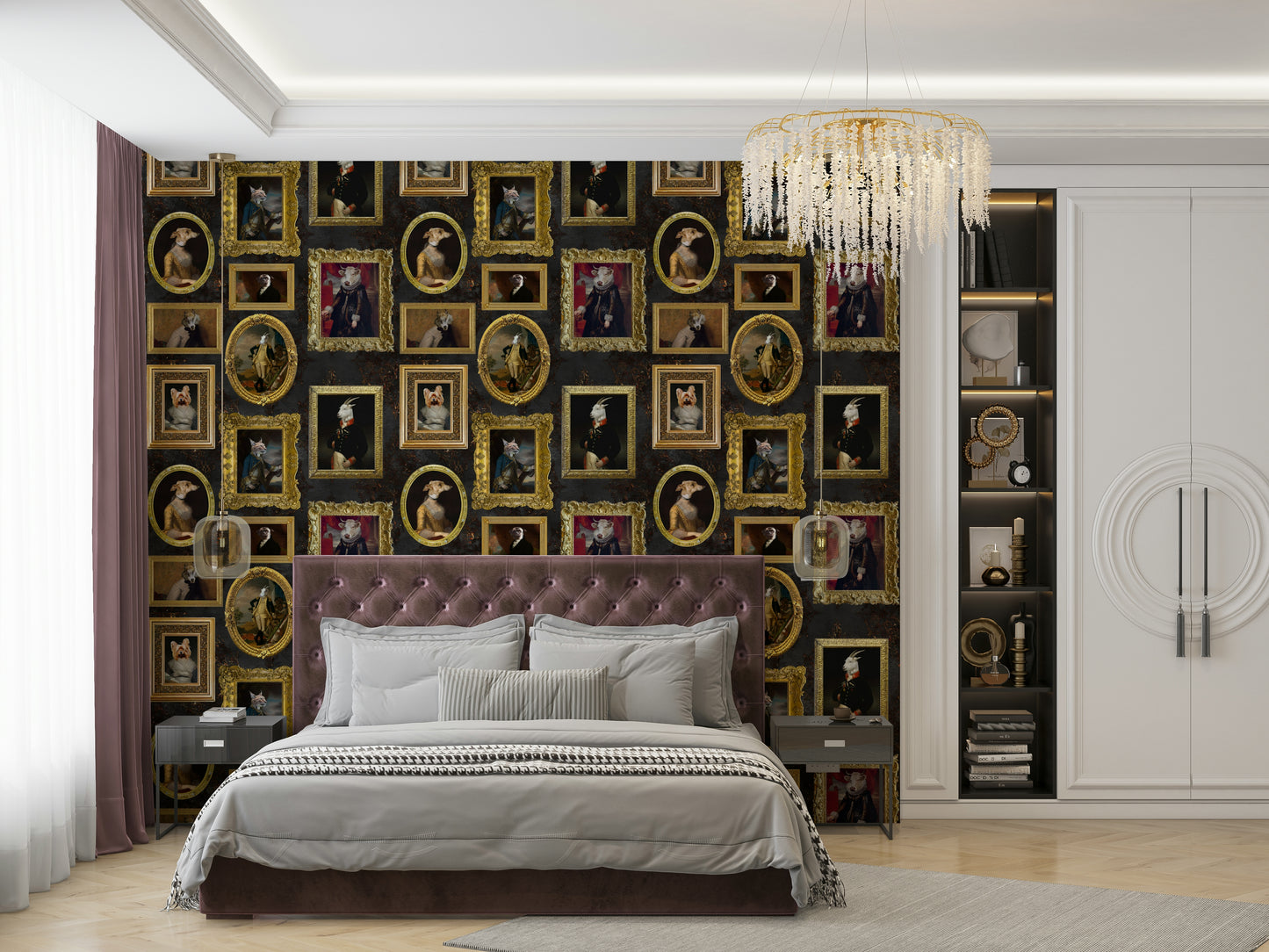 Wallpaper with a mix of rich colors and gold accents.

