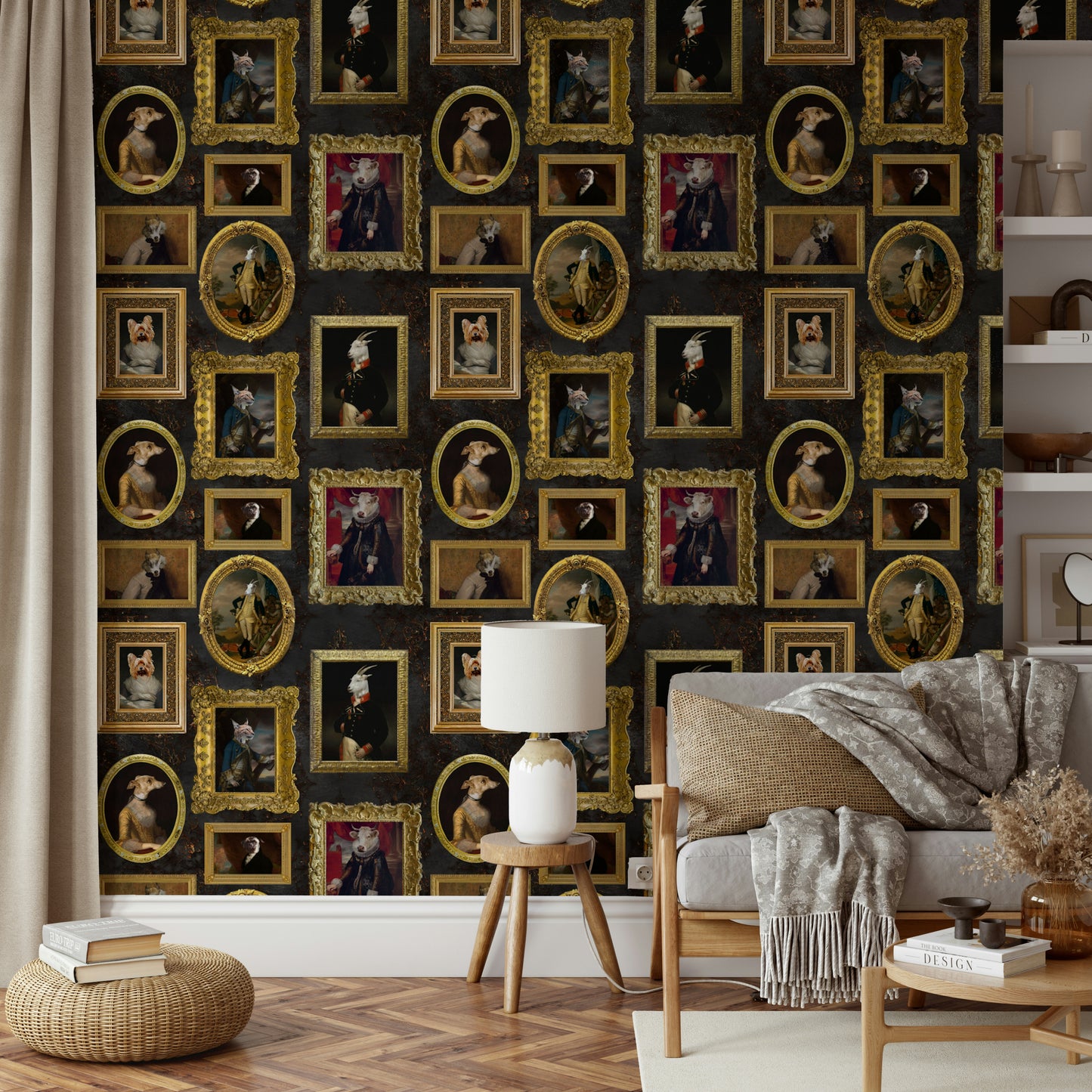 Wall mural showing a collection of sophisticated animal portraits.

