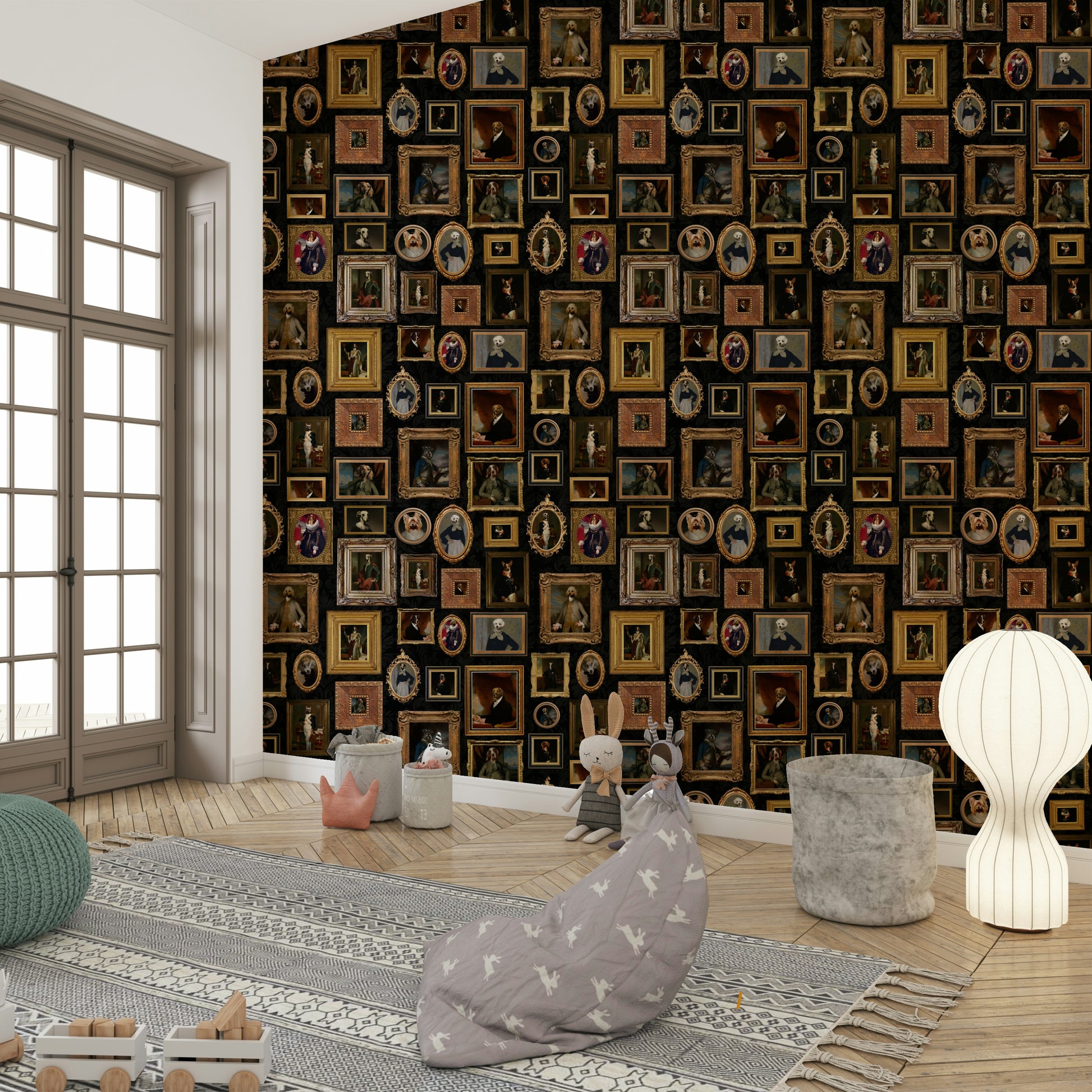 Wall mural showing a collection of sophisticated canine portraits.

