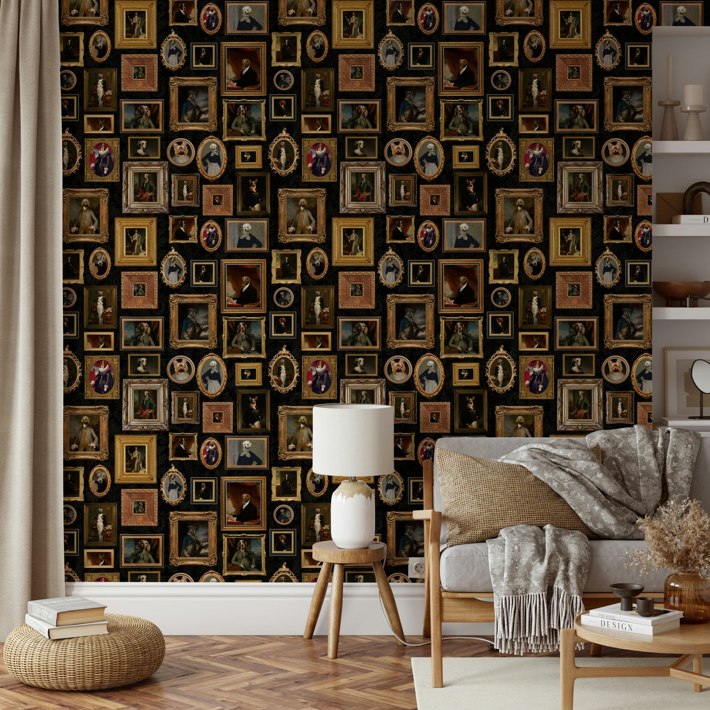 Wallpaper with a mix of neutral and classic colors.


