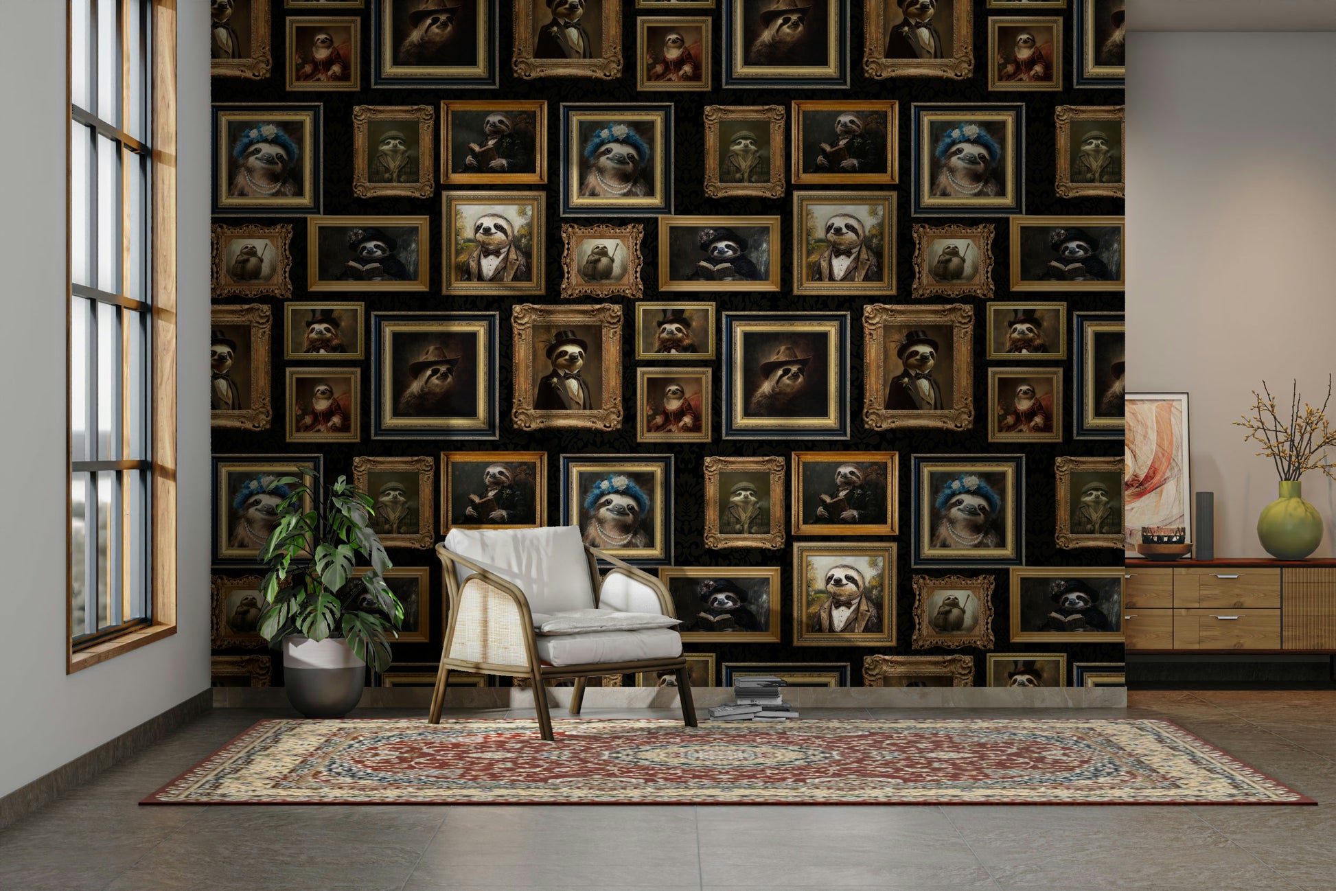 Wall mural showing a collection of unique sloth portraits.

