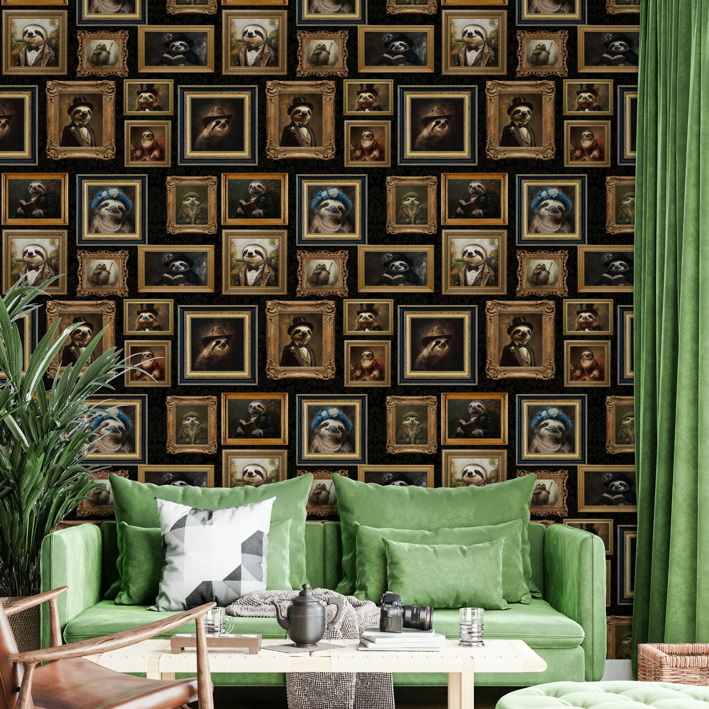 Wallpaper with a mix of neutral and accent colors.

