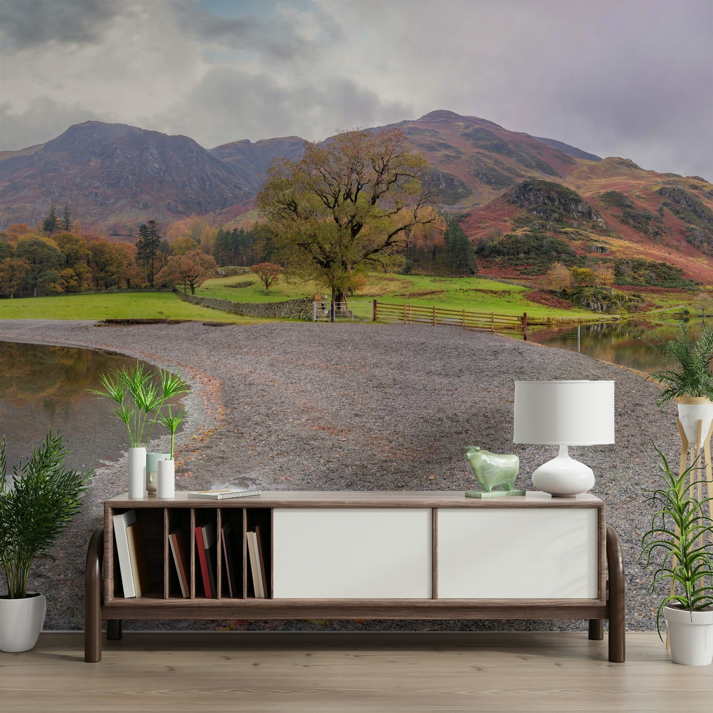 Calm water reflecting mountains.

