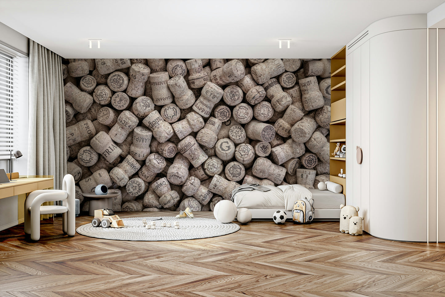 Numerous champagne corks.

