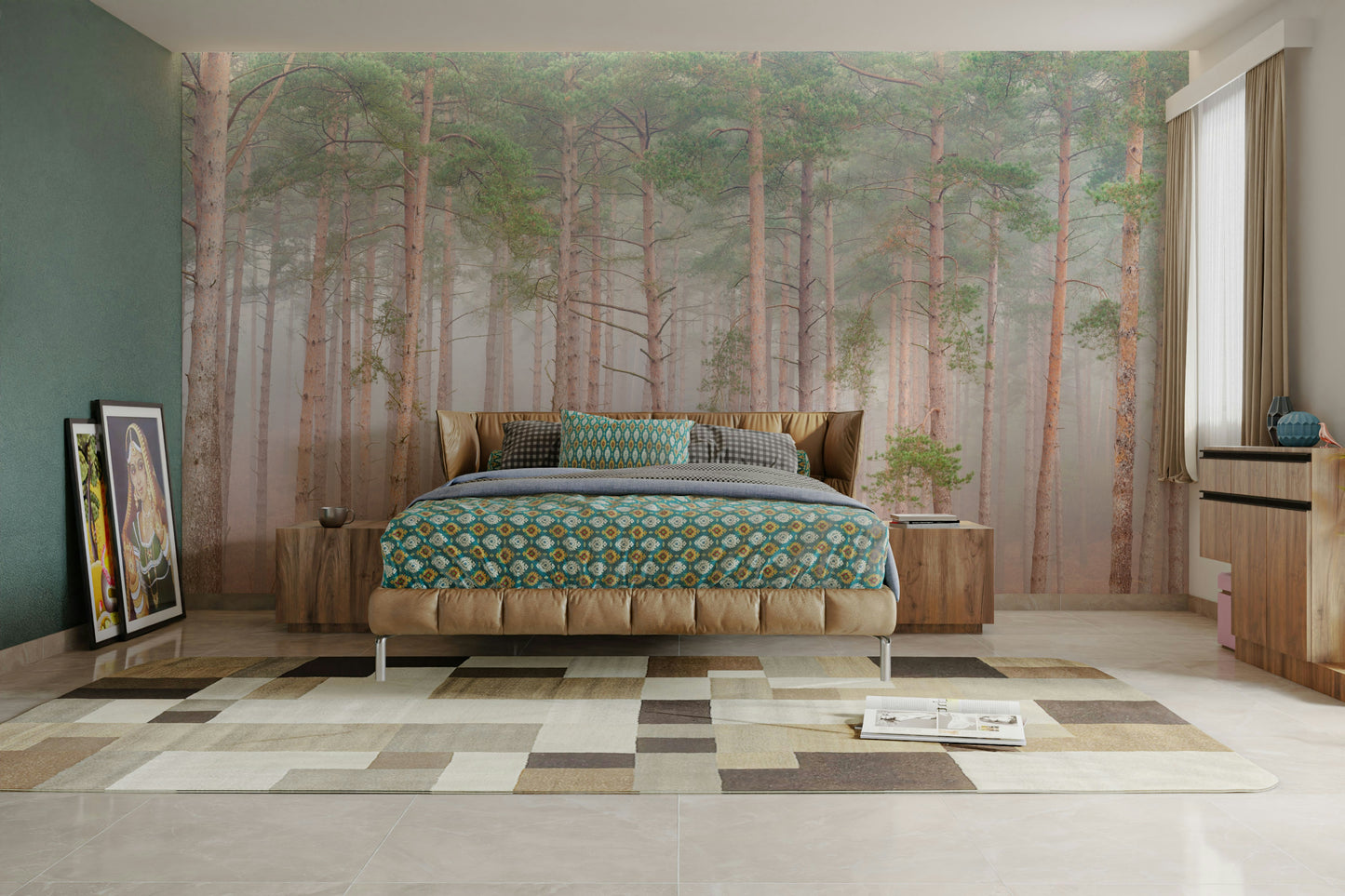 Soft grays and earthy tree trunks.

