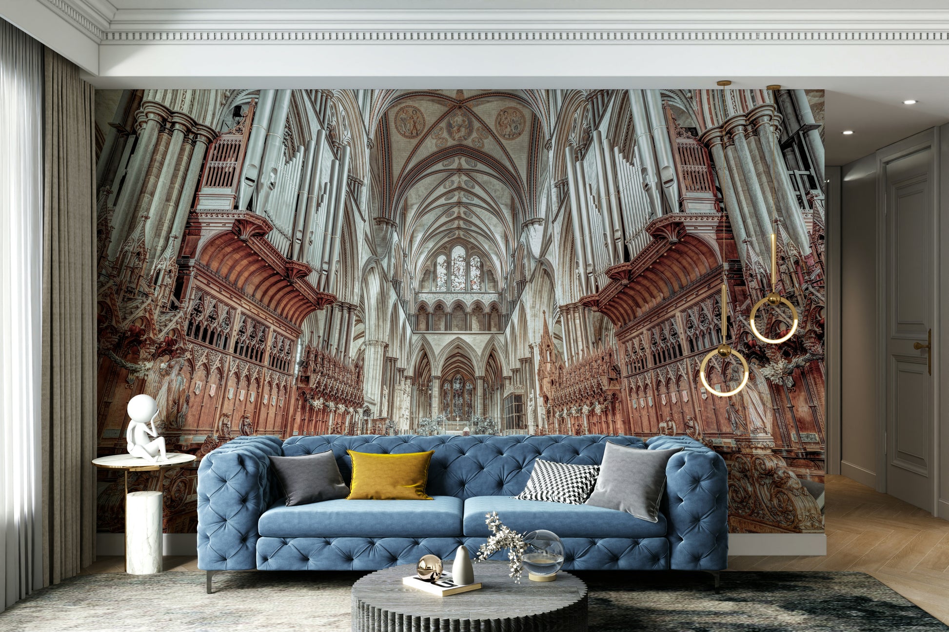 View looking down the aisle towards choir stalls.

