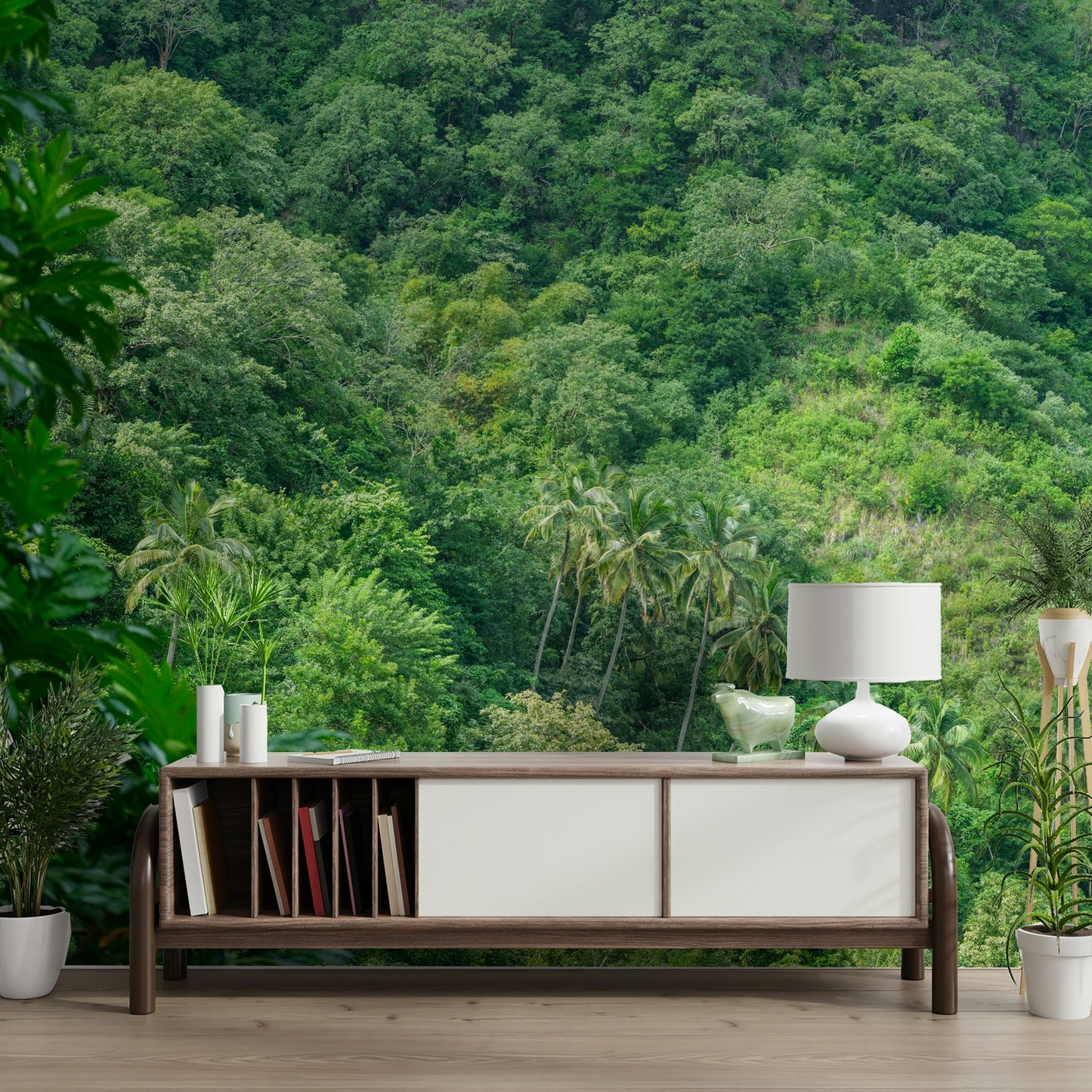 Lush, green foliage and tall trees.

