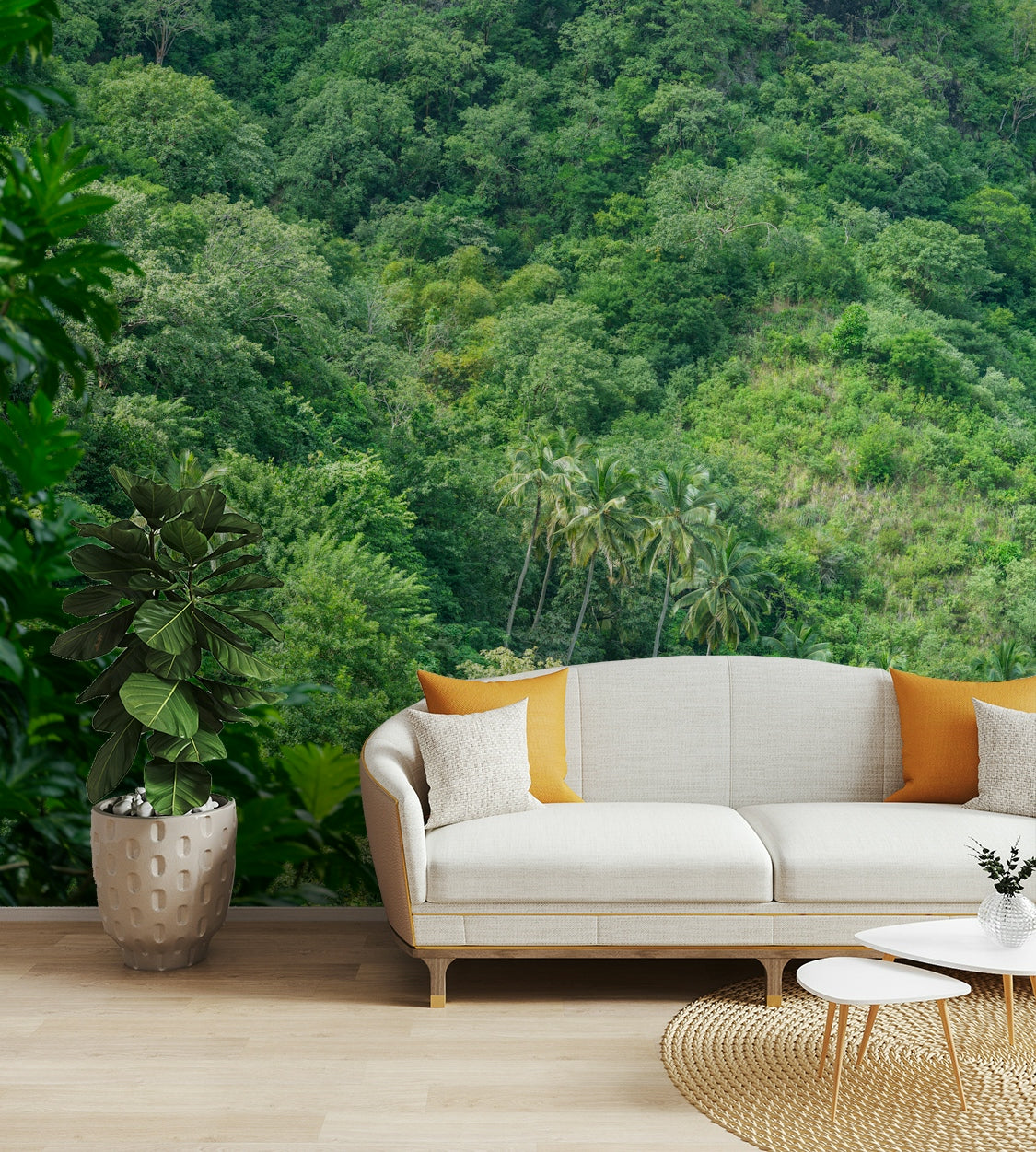 Wall mural showing a dense green forest.

