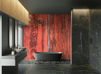 Close-up of distressed and weathered red timber.

