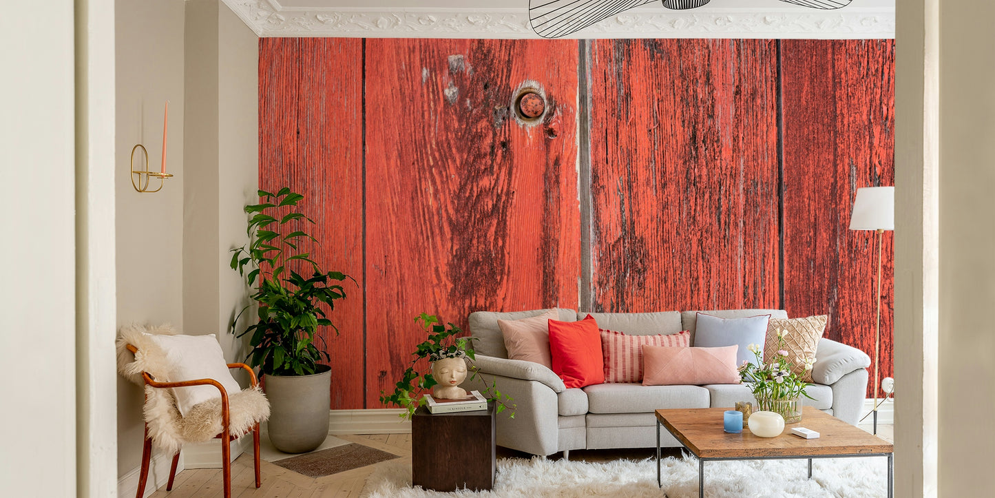 Aged Red Timber mural for a living room.

