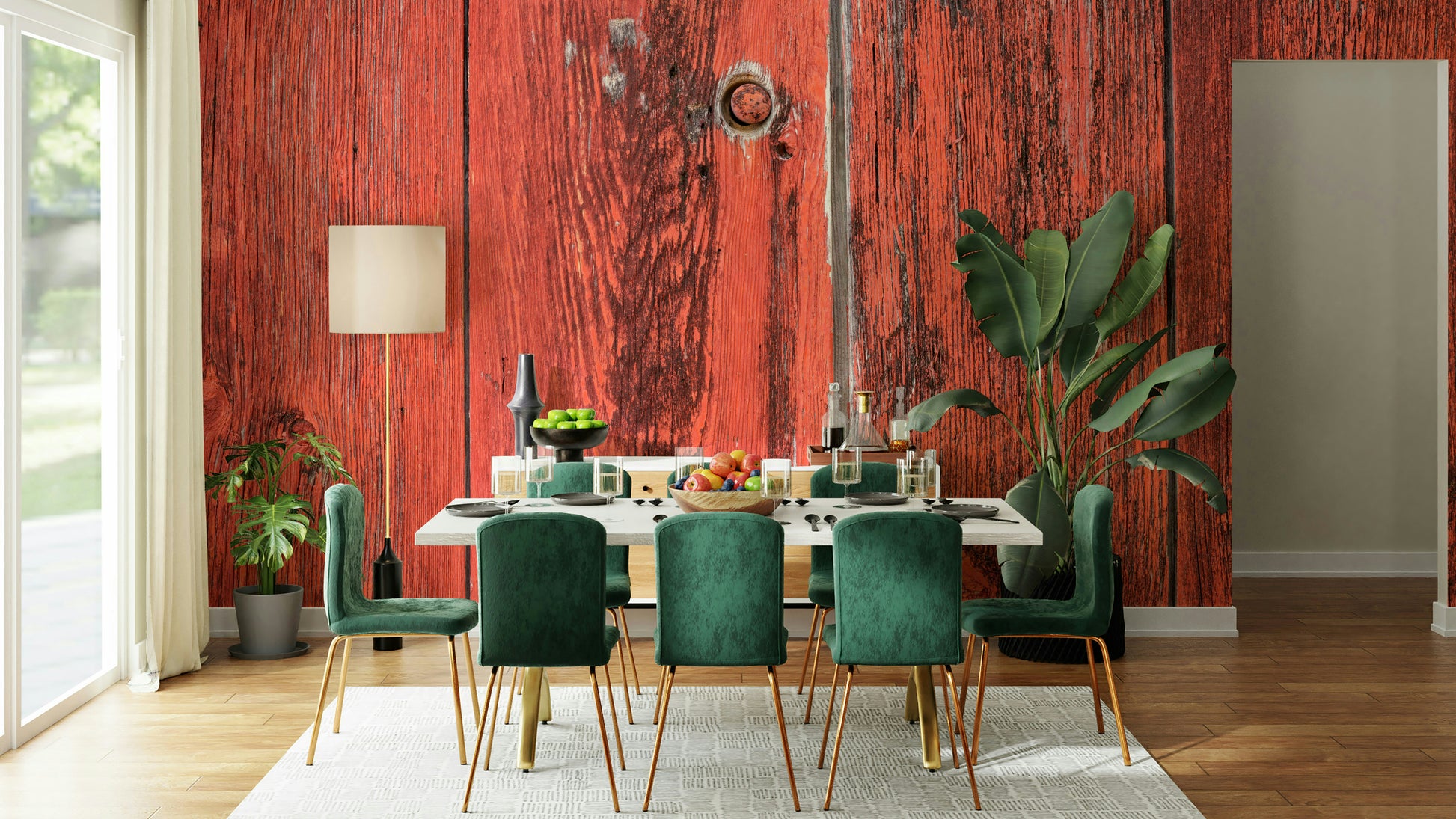 Wallpaper that looks like old, painted wooden boards.

