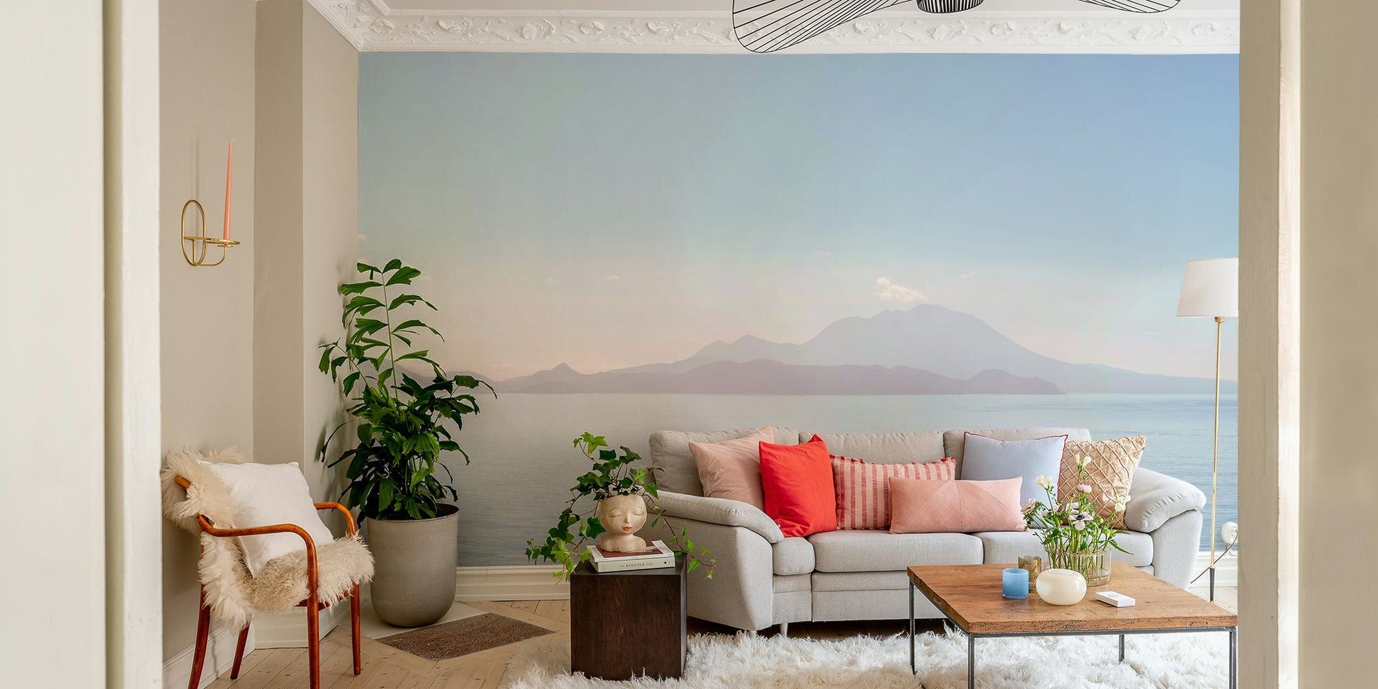 Serene Coastline Vista wallpaper for a living room.

