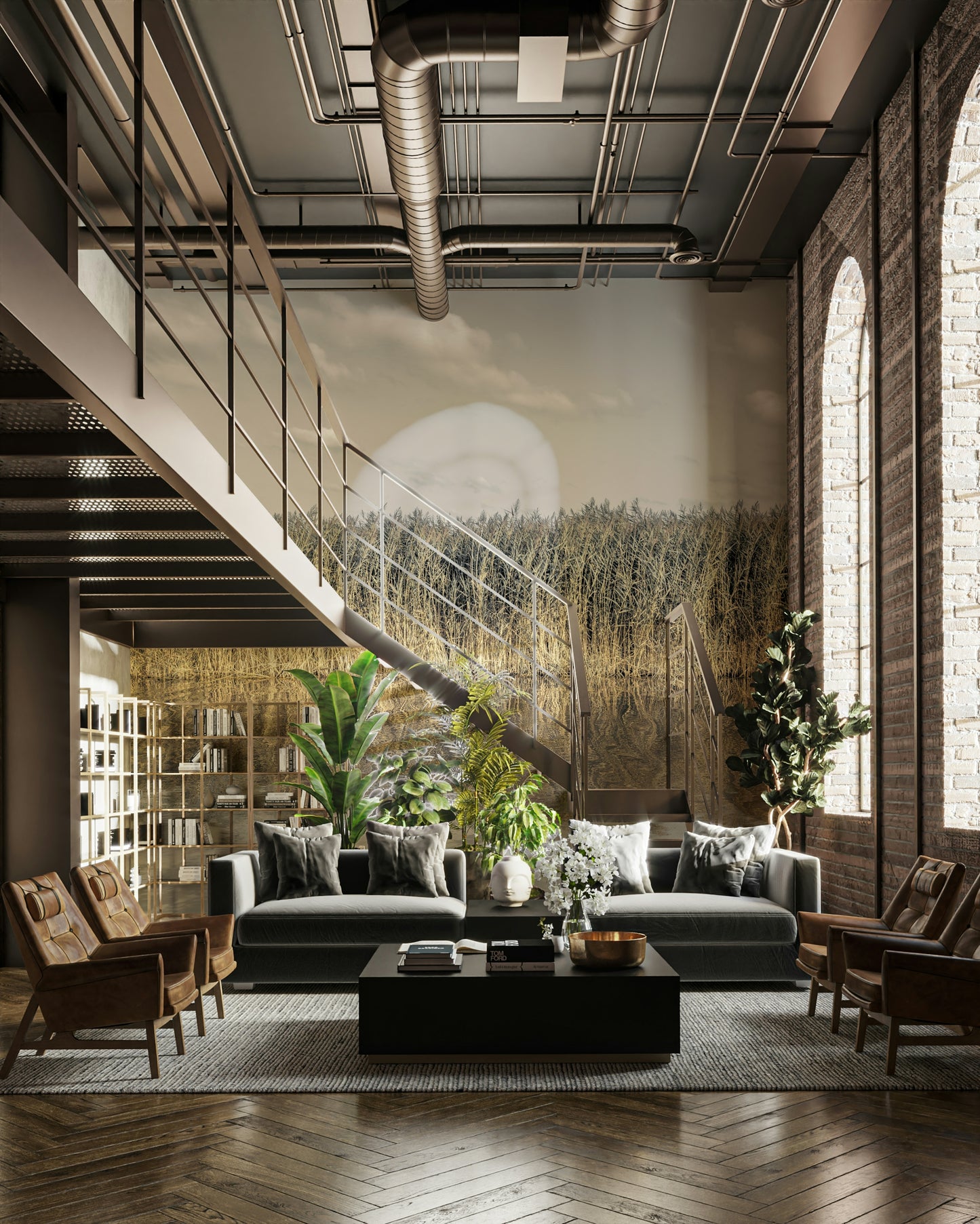 Whispering Water Grass mural in an office space.

