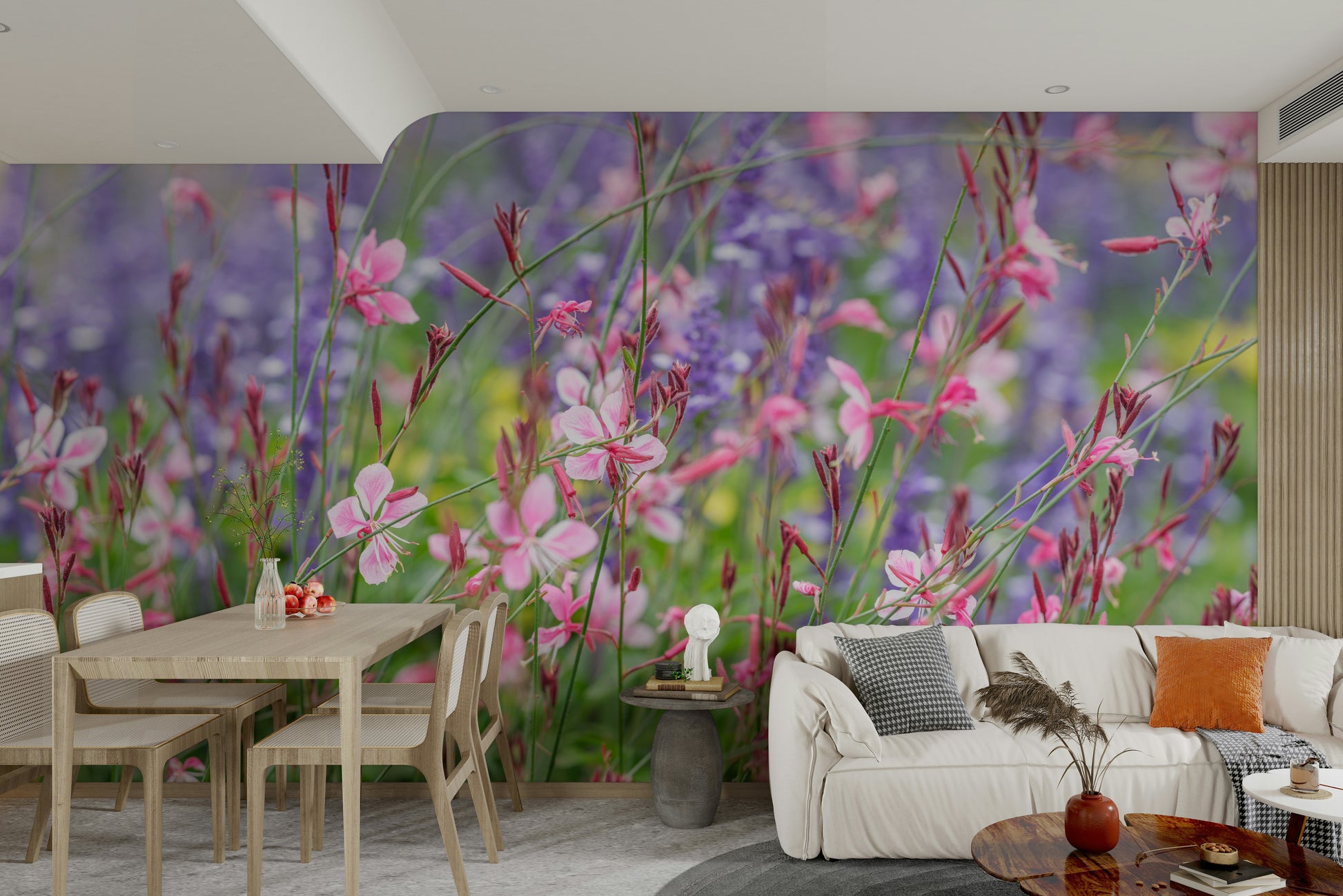 Features a close-up view of delicate pink and white blossoms on slender stems.
