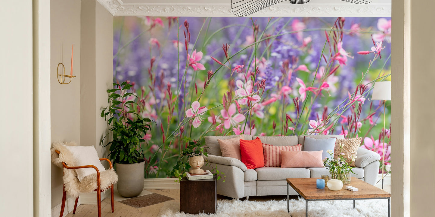 The color palette is composed of harmonious shades of pink, white, purple, and green.
